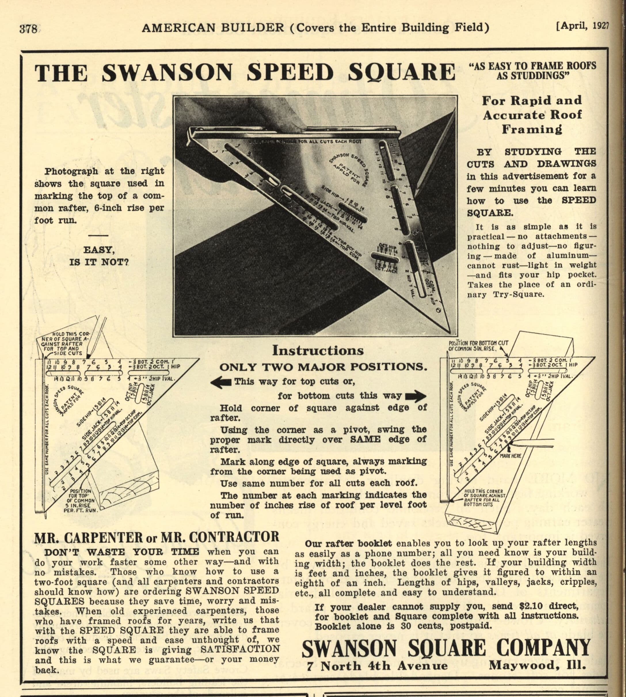 A full-page Swanson Speed® Square advertisement from American Builder magazine, April 1927, showing the original square marking a common rafter alongside rafter-cut instructions.