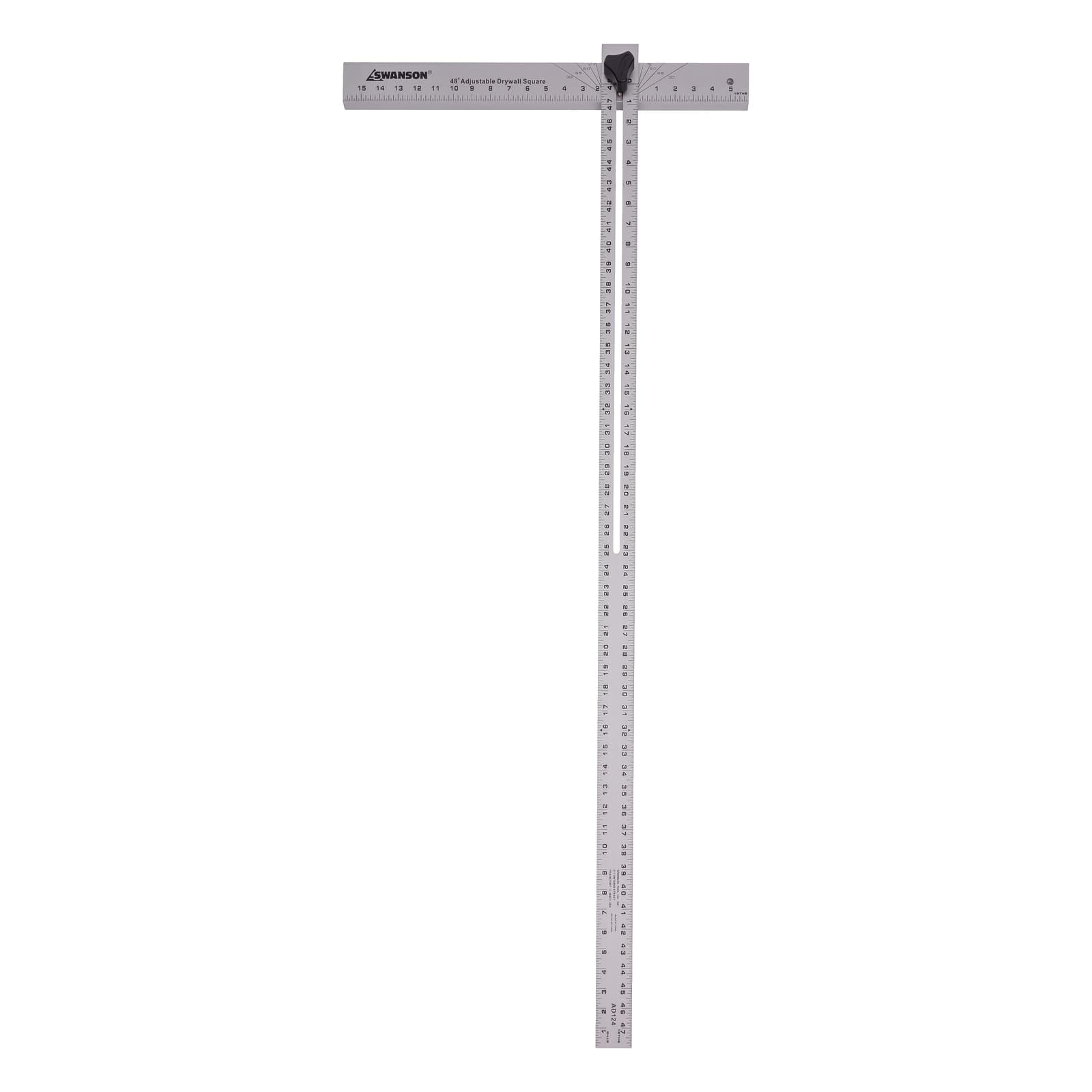 Studio shot of the Swanson AD124 48 in. Adjustable Aluminum Drywall Square, T-shape with the adjustable head and the impressed detents at 30°, 45°, 60°, and 75°.