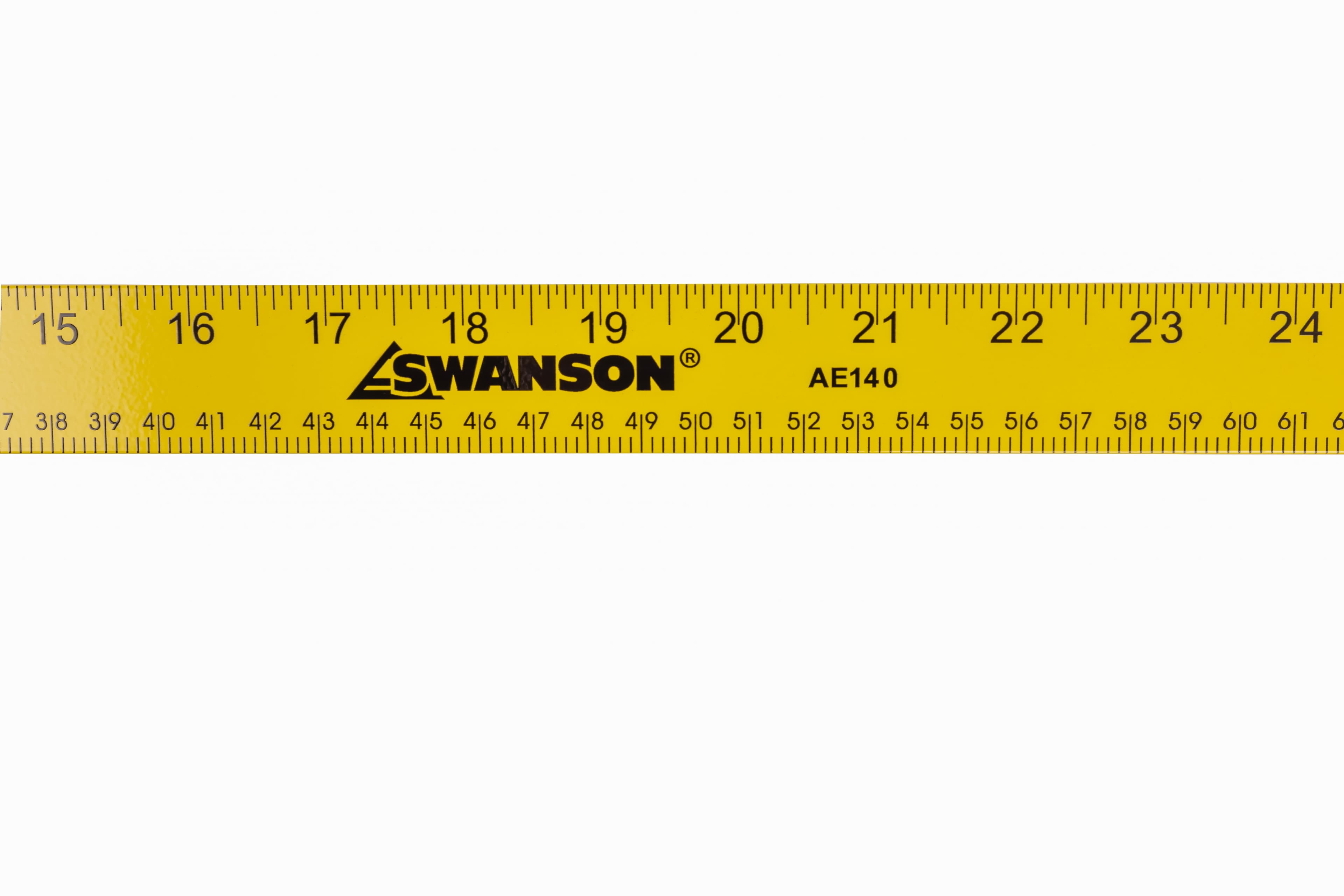 Close-up of the SWANSON brand mark and AE140 print on the yellow meterstick, showing black metric and inch gradations on the powder-paint finish.