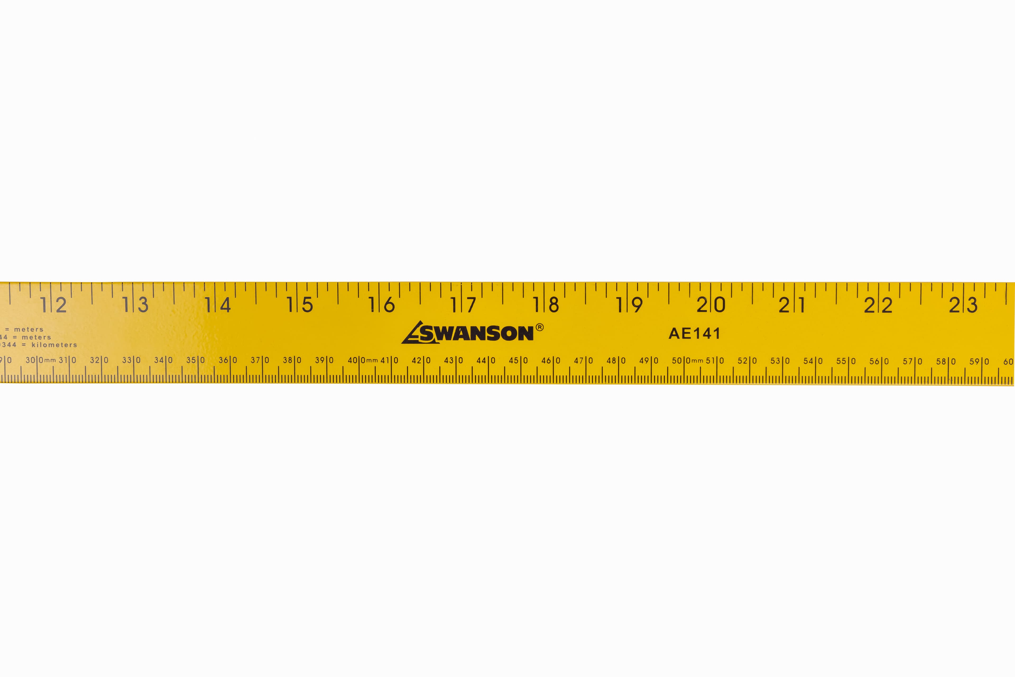 Close-up of the SWANSON brand mark and AE141 stamp on the yellow yardstick, showing black metric and inch gradations on the powder-paint finish.