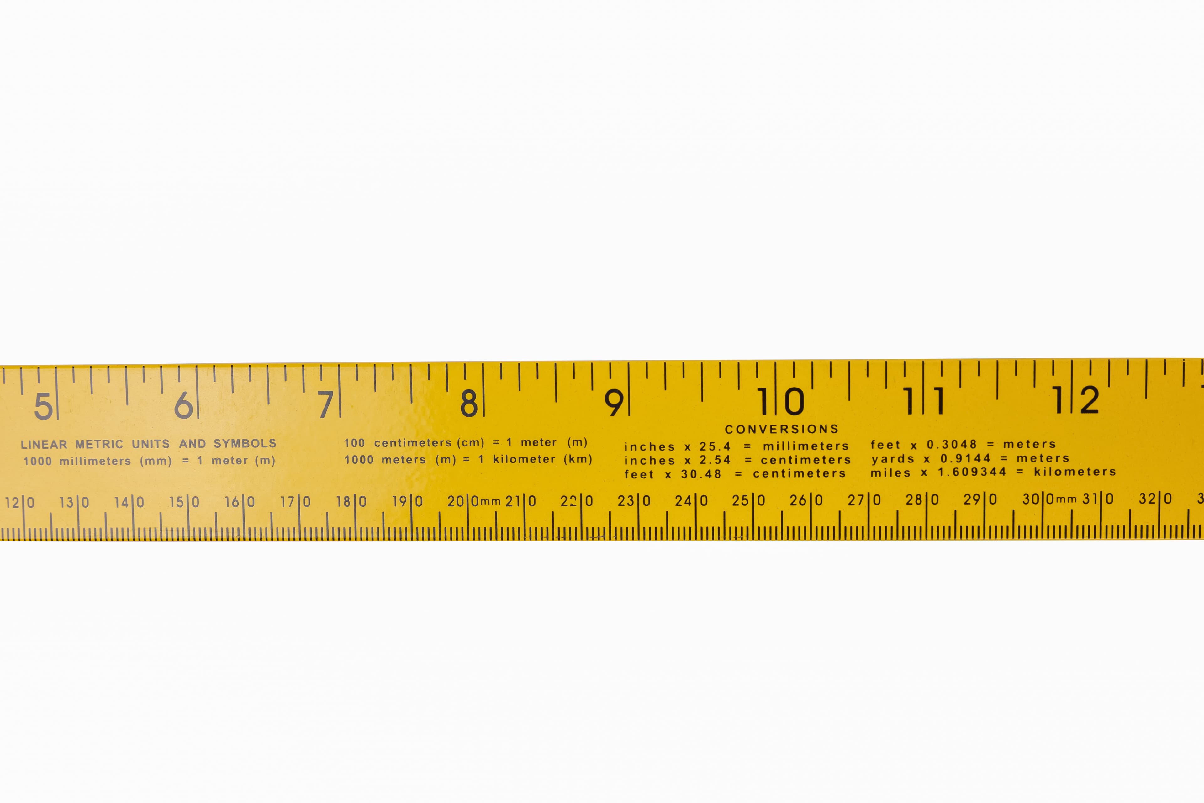 Close-up of the AE141 yardstick conversion table area showing the wide non-glare yellow powder paint finish with metric and inch unit references.