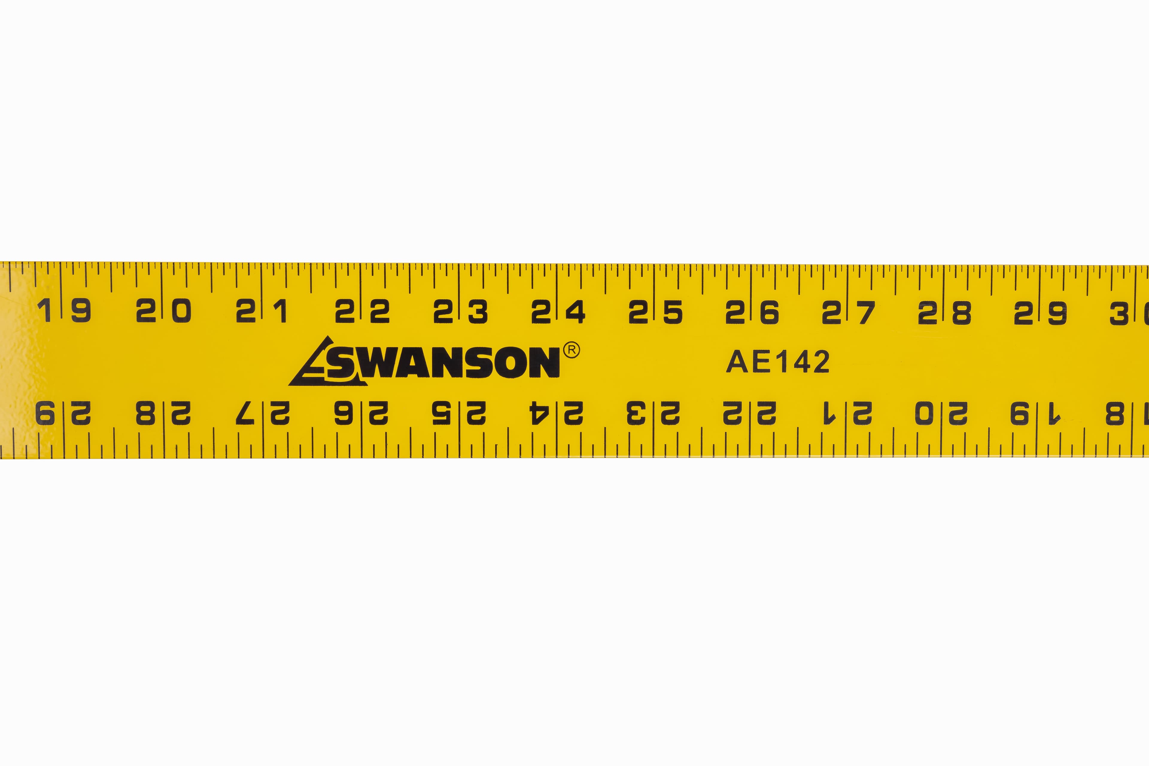 Close-up of the SWANSON brand mark and AE142 stamp on the yellow 48 in. straight-edge, showing black metric and inch gradations on the powder-paint finish.