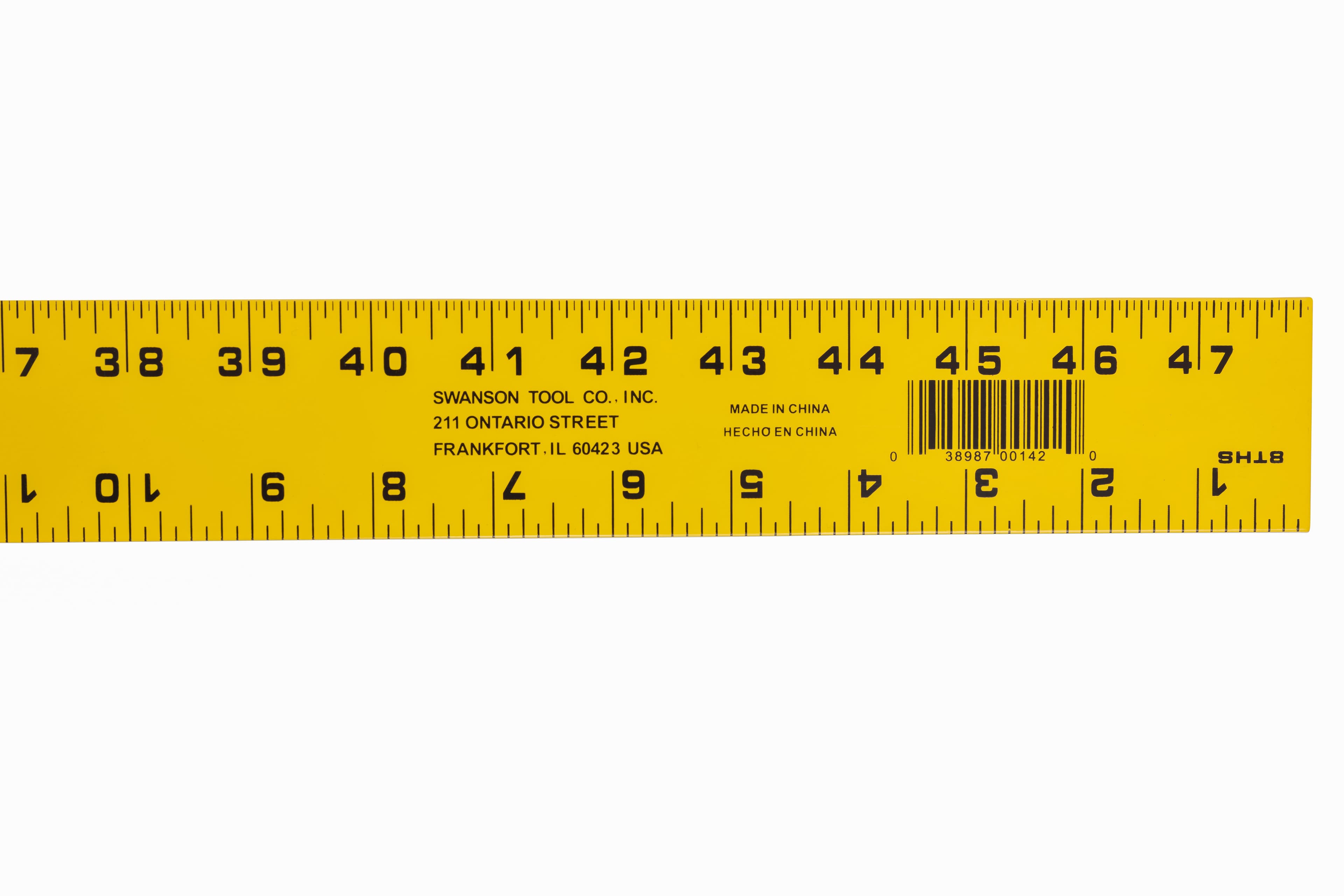 Close-up of the 47 in. end of the AE142 straight-edge showing the SWANSON TOOL CO. address and barcode on the wide yellow powder paint finish.