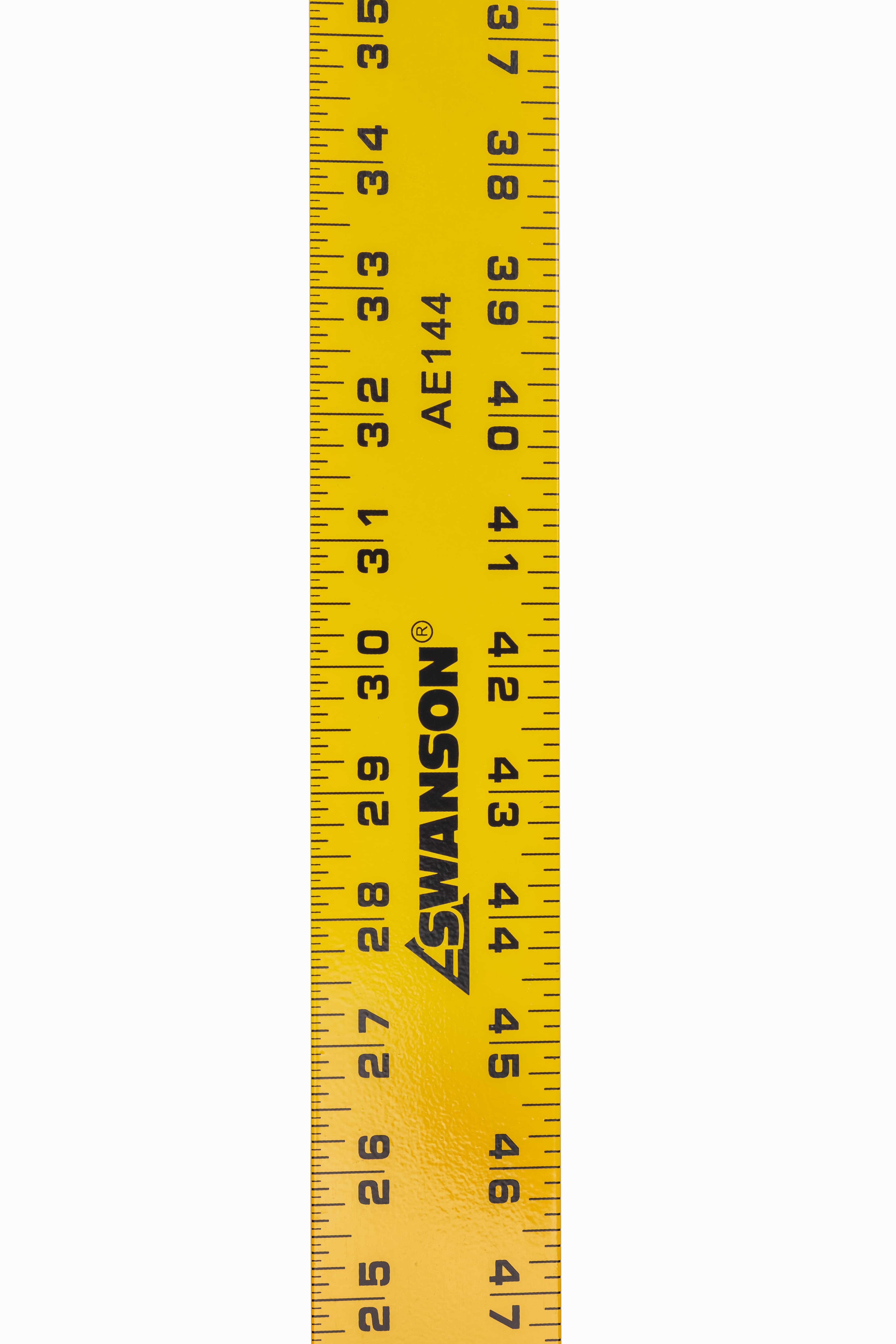 Close-up of the SWANSON brand mark and AE144 print on the yellow 72 in. straight-edge, showing black inch gradations on the powder-paint finish.