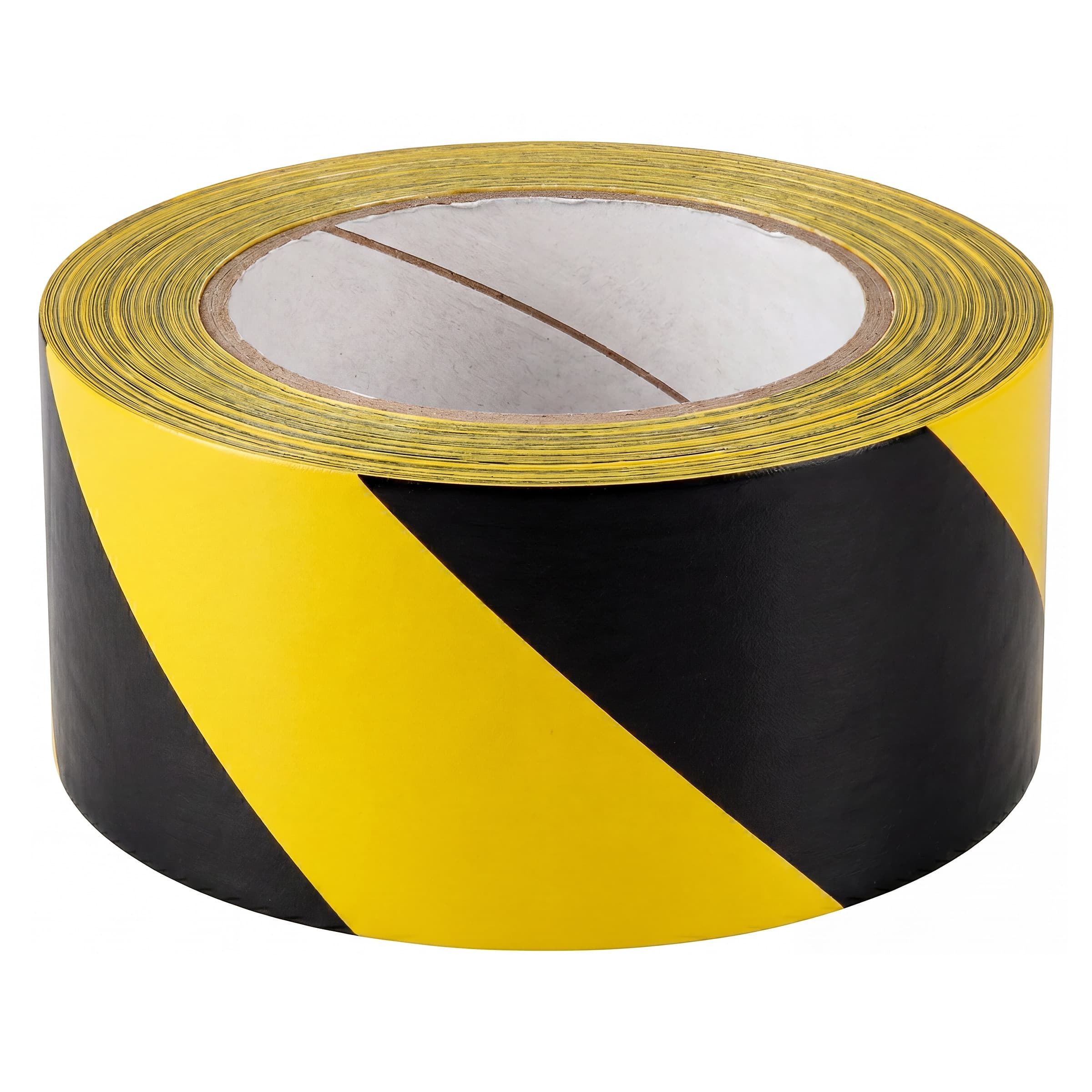 Studio shot of the Swanson Hazard Stripe Floor Tape roll, yellow and black diagonal stripe pattern.