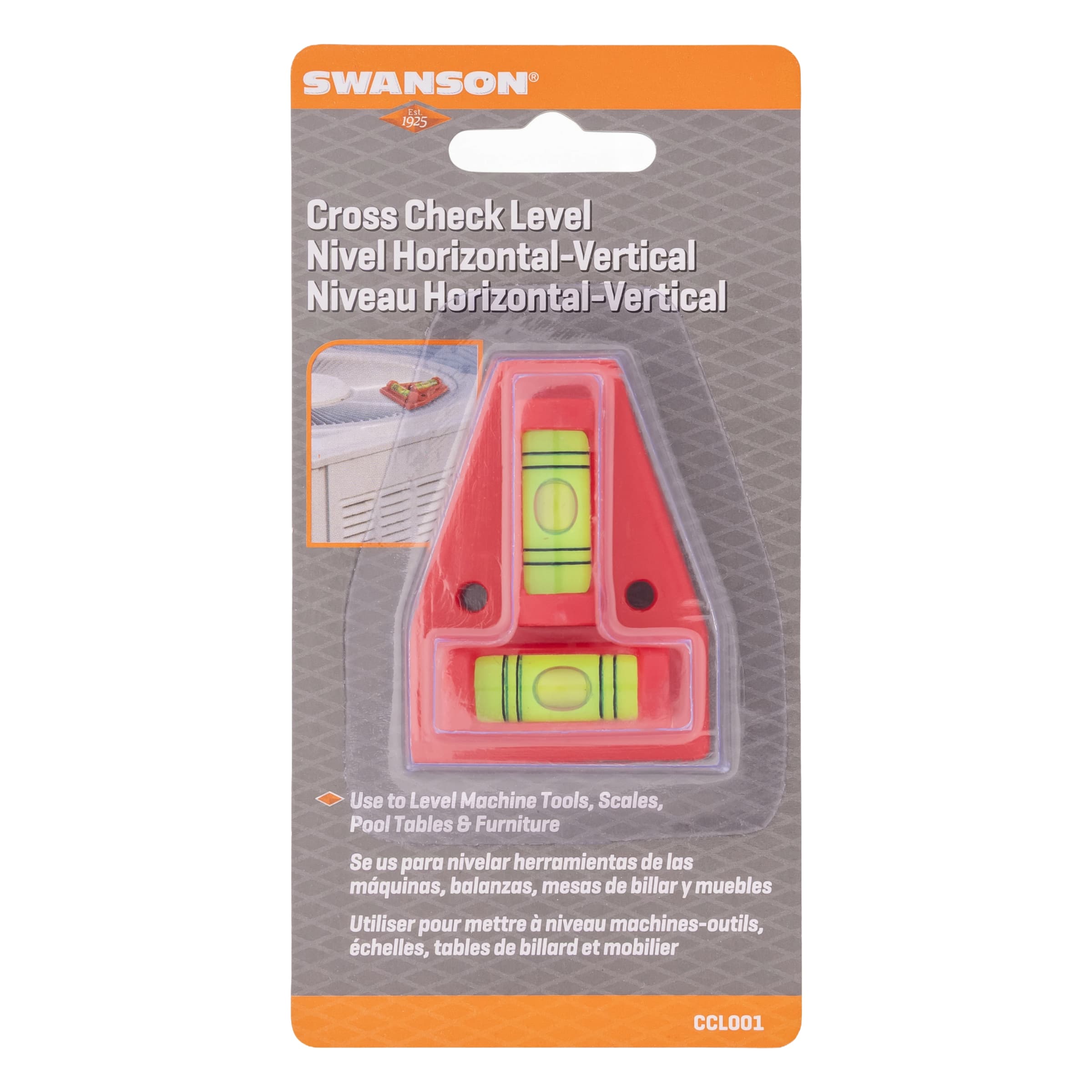 Retail package shot of the Swanson CCL001 Cross Check Level.