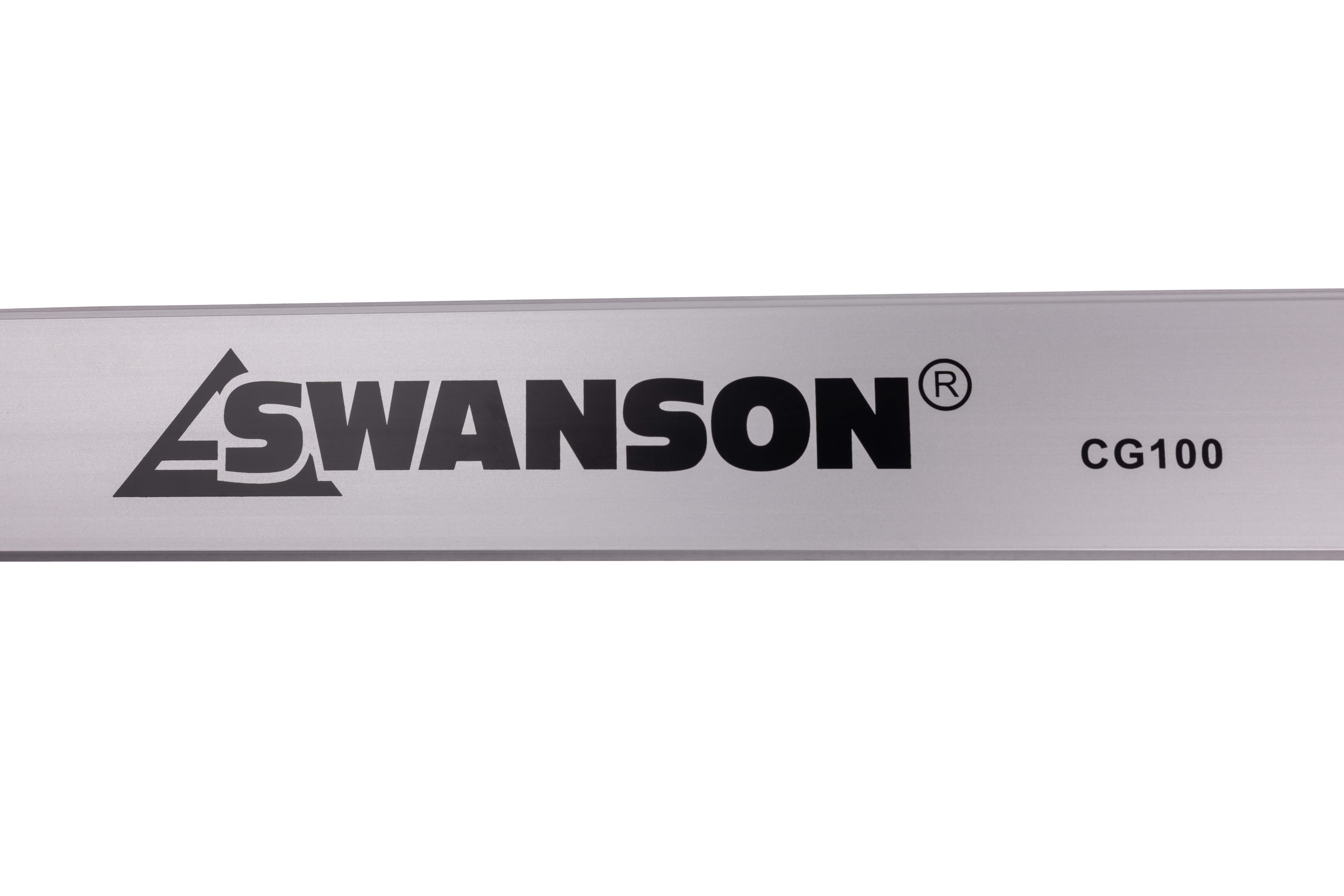 Macro close-up of the SWANSON brand mark and CG100 stamp on the anodized silver aluminum cutting guide.