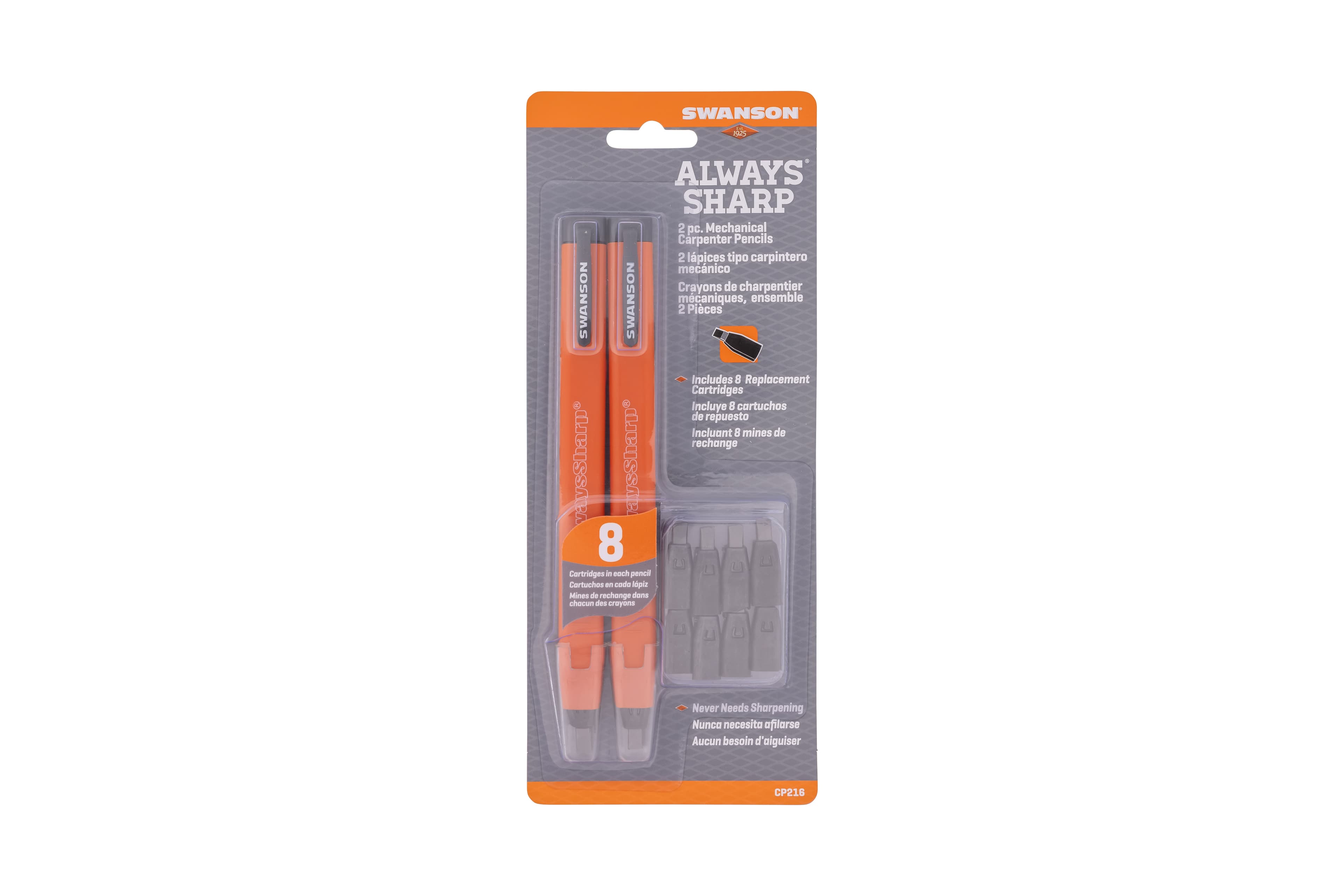 Retail packaging for the Swanson AlwaysSharp® 2-pack pencil with the 8 graphite refill cartridges shown beside the pencils.