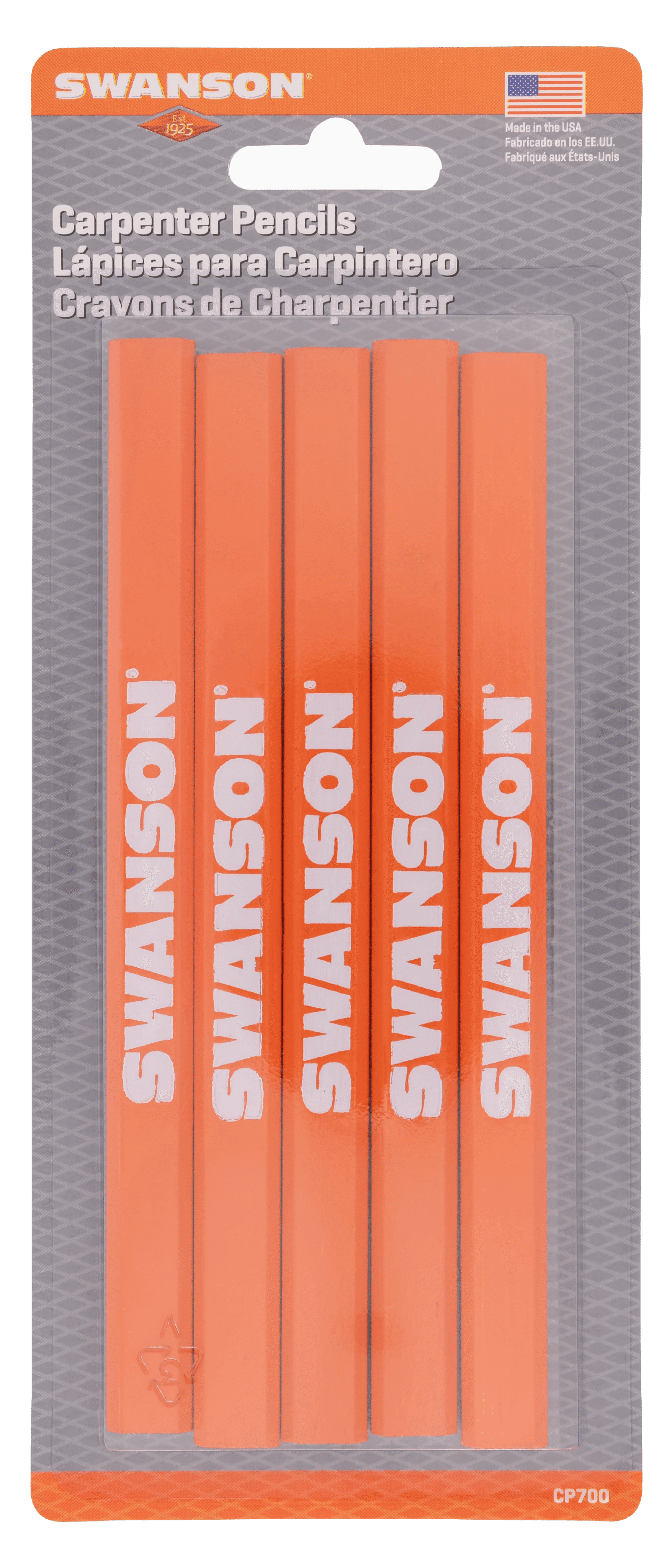 Retail card packaging for the Swanson Carpenter Pencils 5-pack with the SWANSON brand strip across the top and the five orange pencils in the blister.