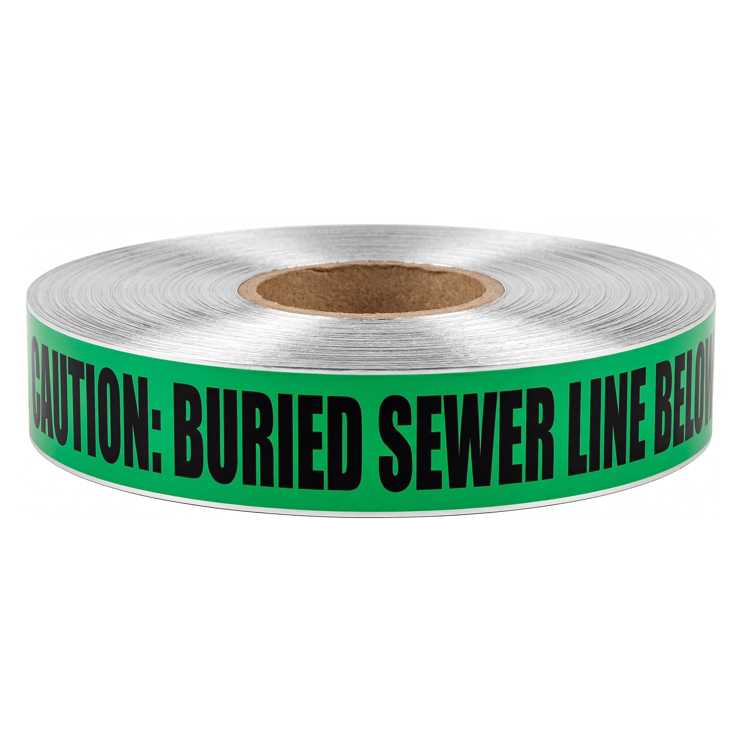 Studio shot of the Swanson DETG2100BS5 2 in. Green Sewer detectable underground tape roll.