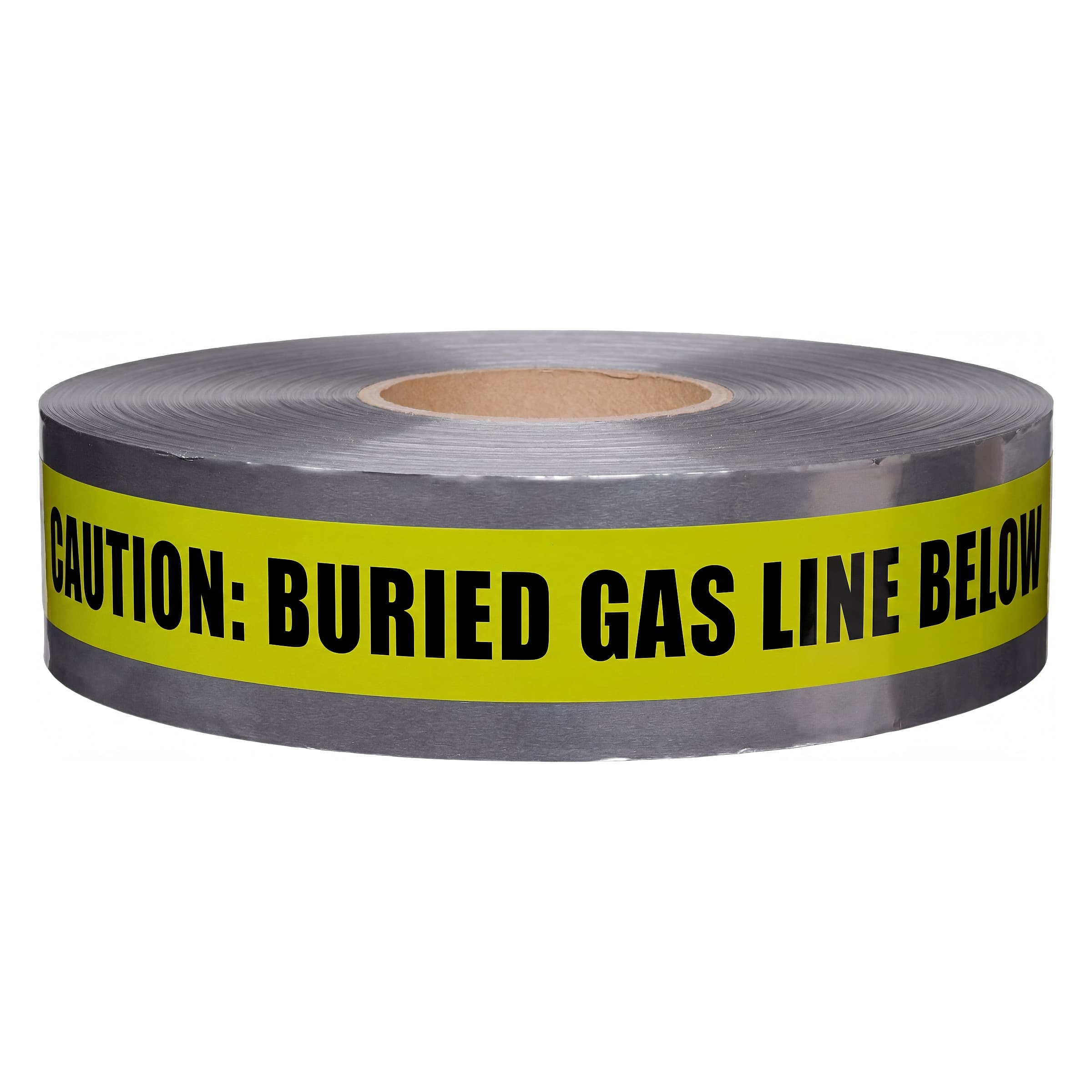 Studio shot of the Swanson DETY31005 3 in. Yellow Gas detectable underground tape roll.