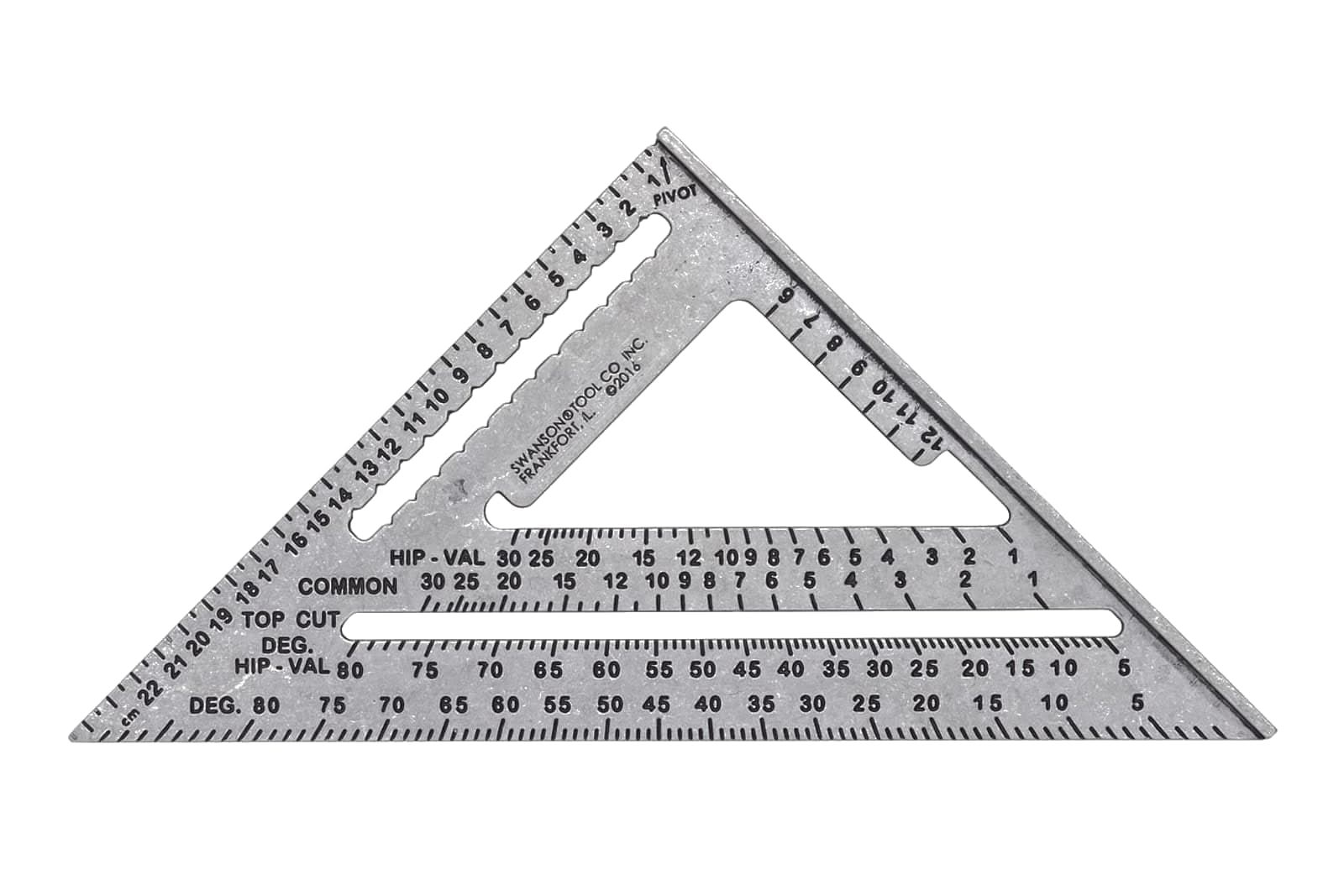 Back side of the Swanson Metric Speed® Square showing the One-Number™ Method℠ rafter tables.