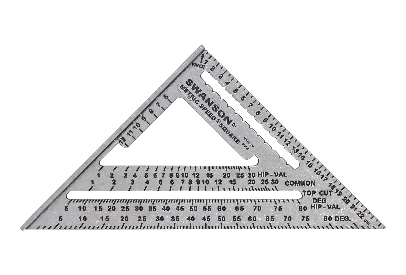 Studio shot of the Swanson Metric Speed® Square (25 cm) in aluminum.