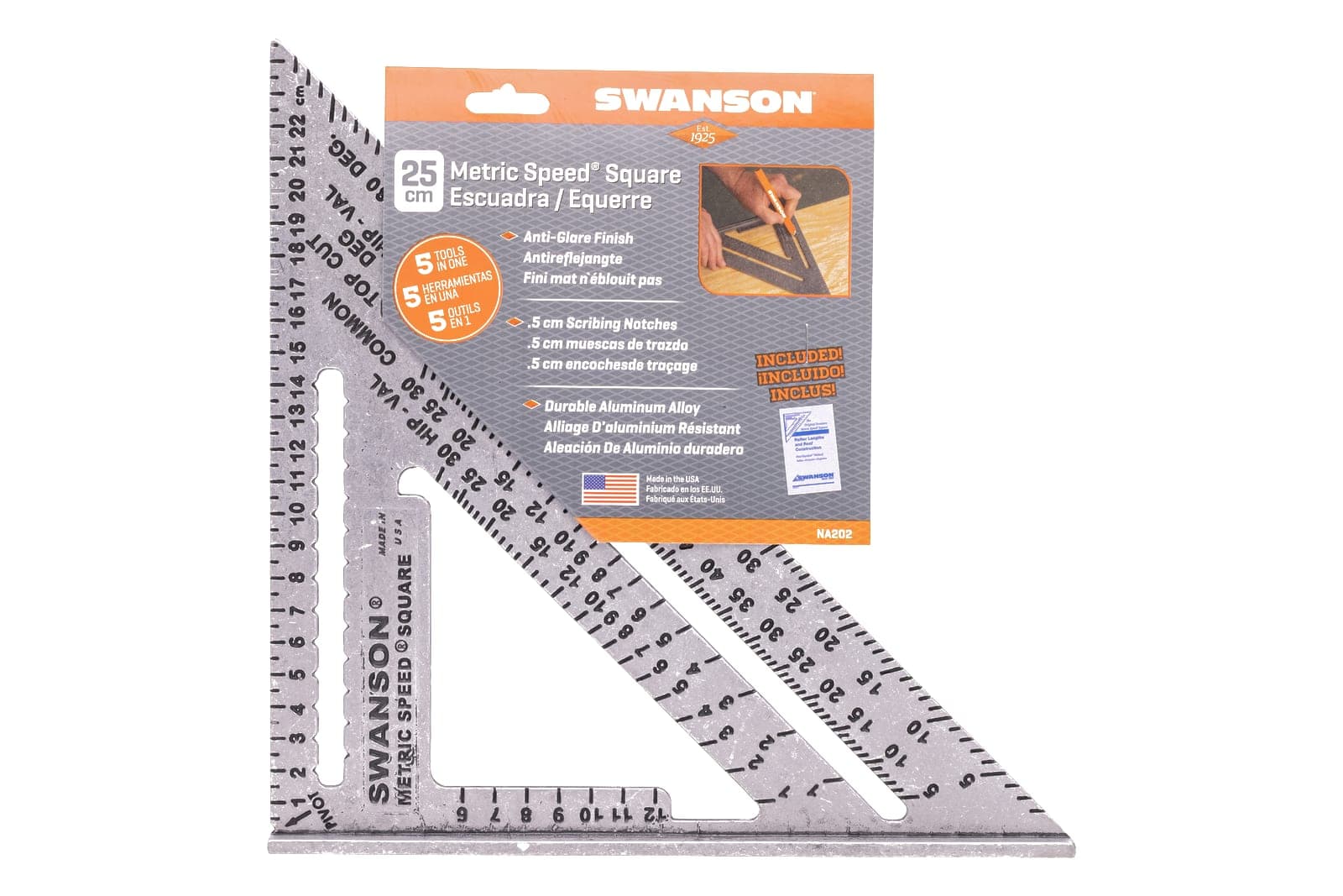 The Swanson Metric Speed® Square in its retail card carded with the English instruction book.