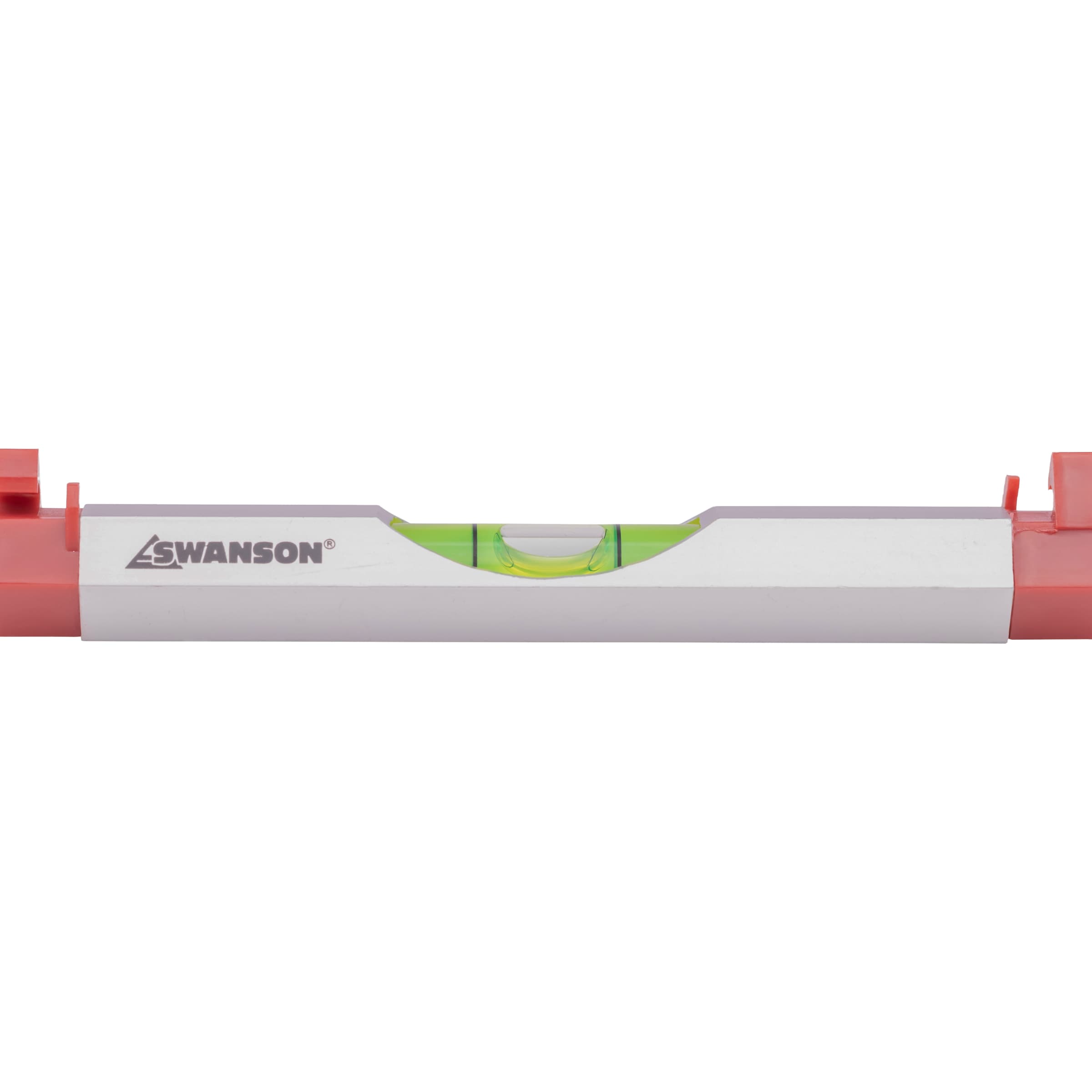 Studio shot of the Swanson LLA001 Line Level, compact aluminum body with two open hooks for hanging from a string.