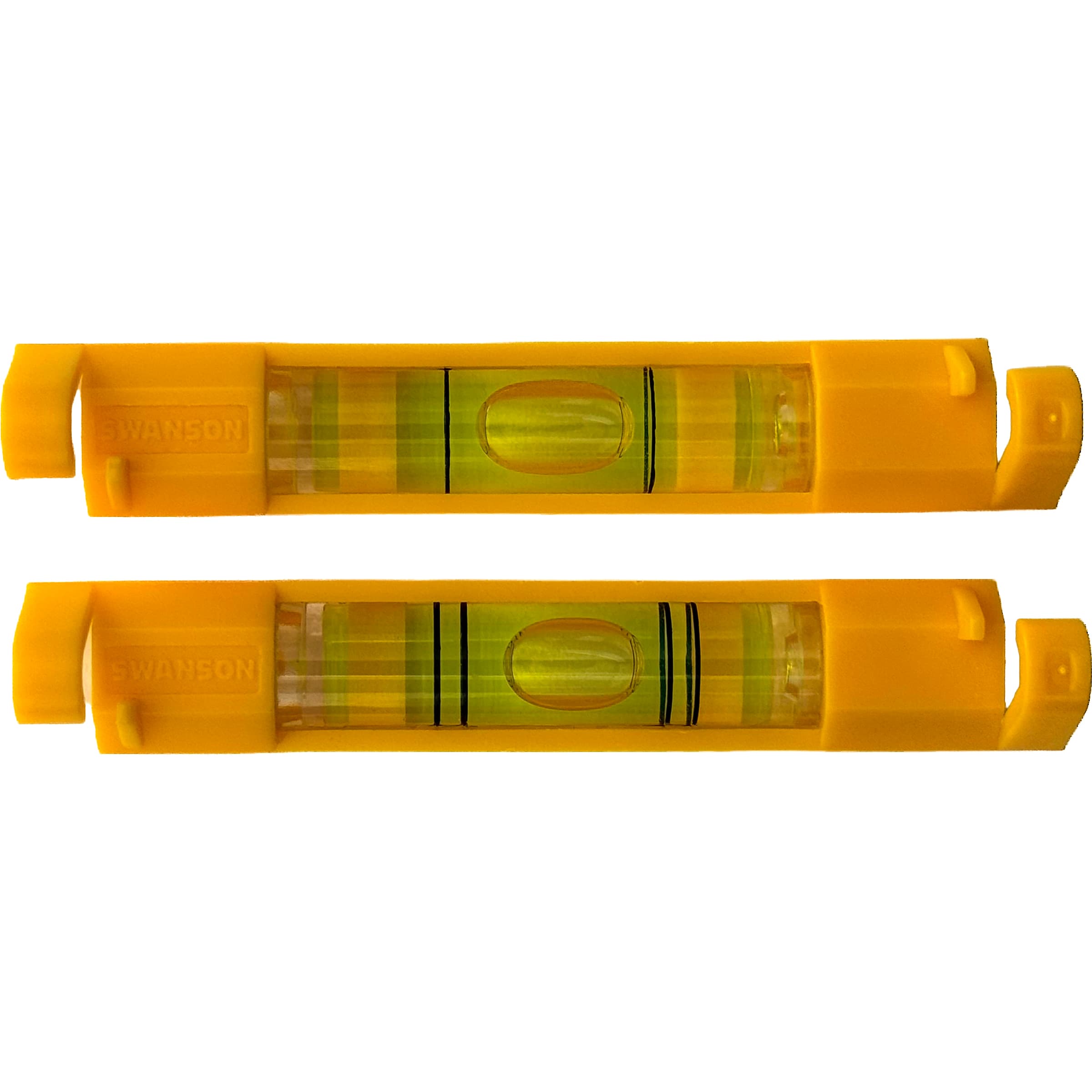 Studio shot of the Swanson LLP002 Speedlite® Line Level 2-pack, compact composite bodies with V-grooved bottom edges and snag-free open hooks.