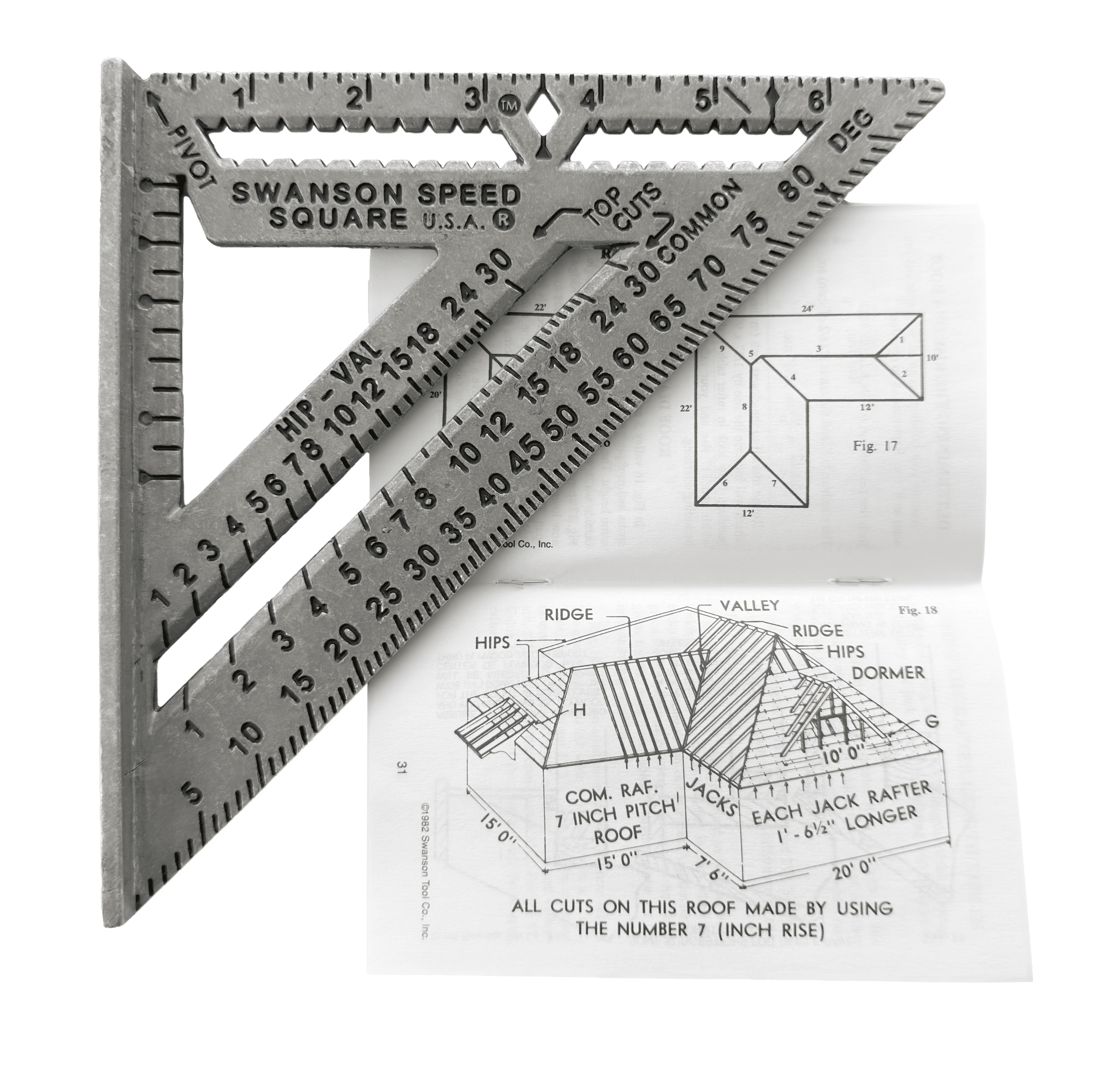 Studio composition of the Swanson Speed® Square laid over the Blue Book open to a construction-diagrams page on a white background.