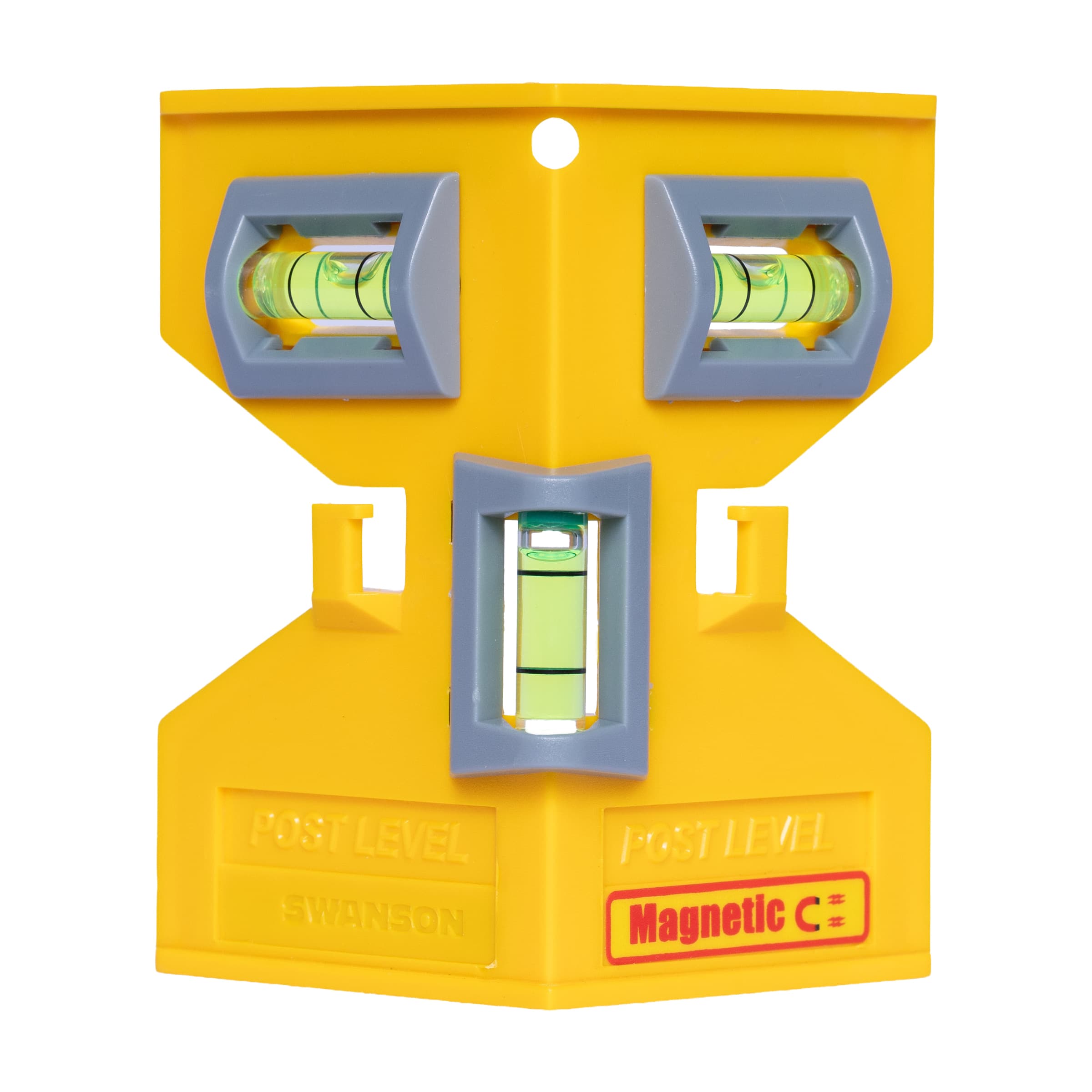 Studio shot of the Swanson PL001M Magnetic Post Level, yellow composite L-shaped frame with strip magnets on the inside faces and an elastic strap loop.