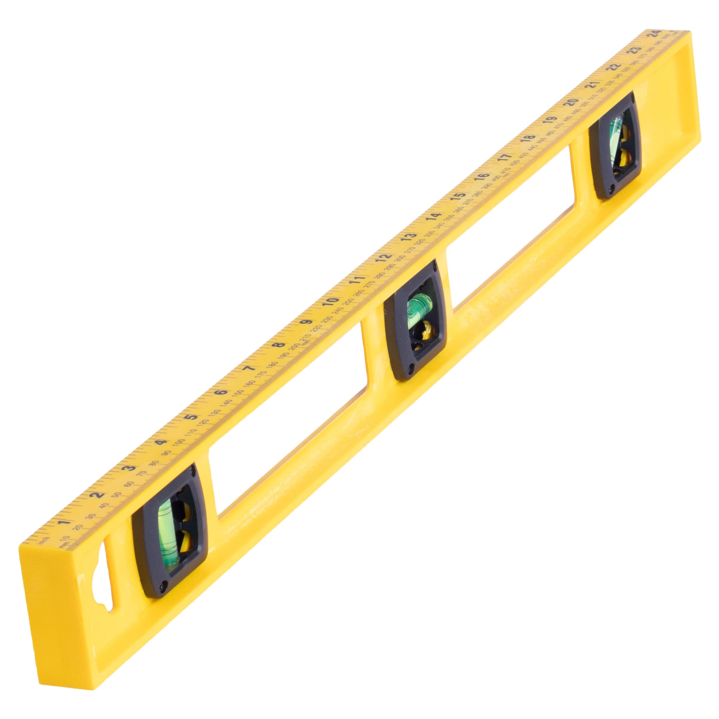 Alt-angle of the PL0024 showing the composite frame, top-read window, and double-sided ruled edge.