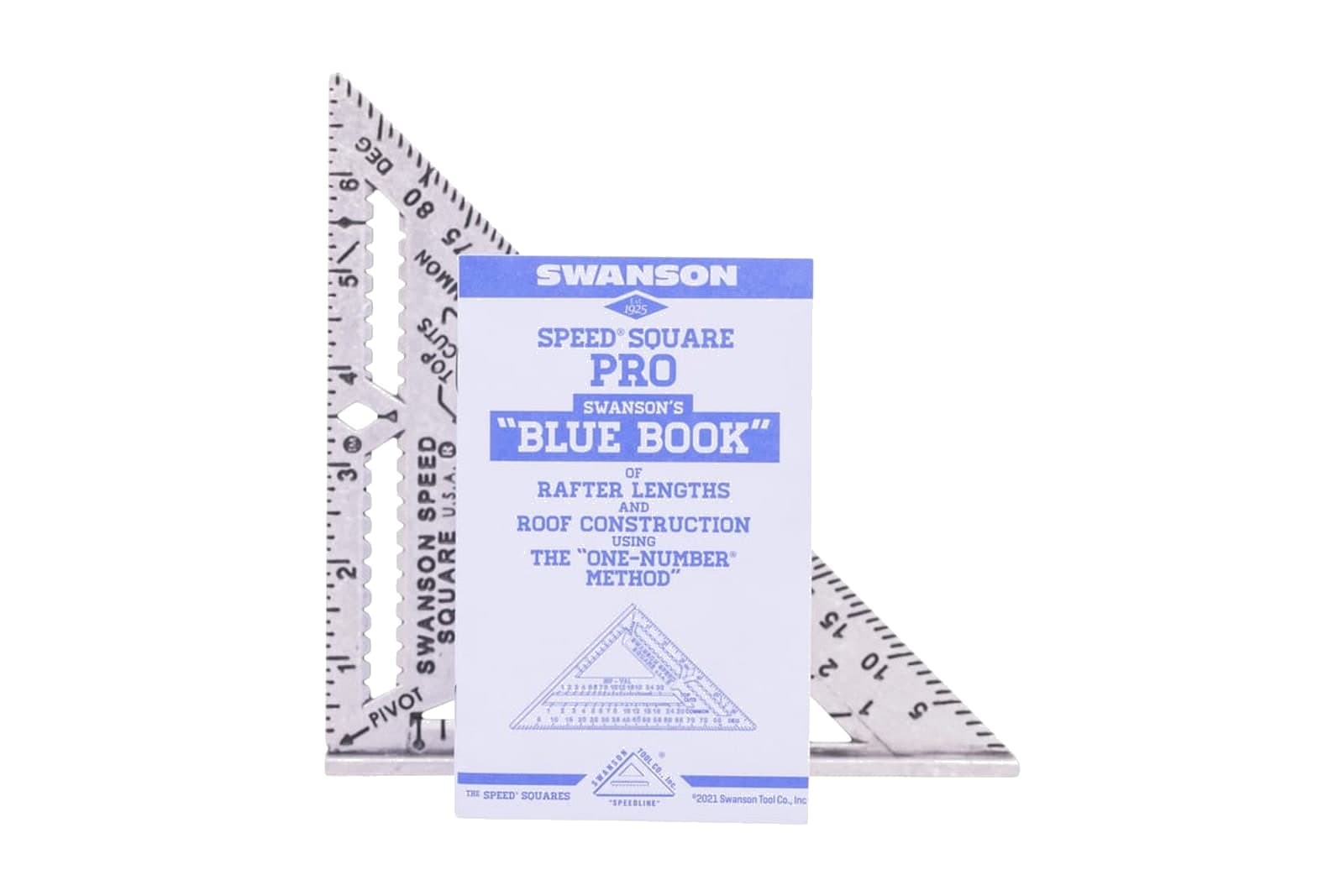 A Swanson Speed® Square PRO standing next to the Speed® Square PRO Blue Book.