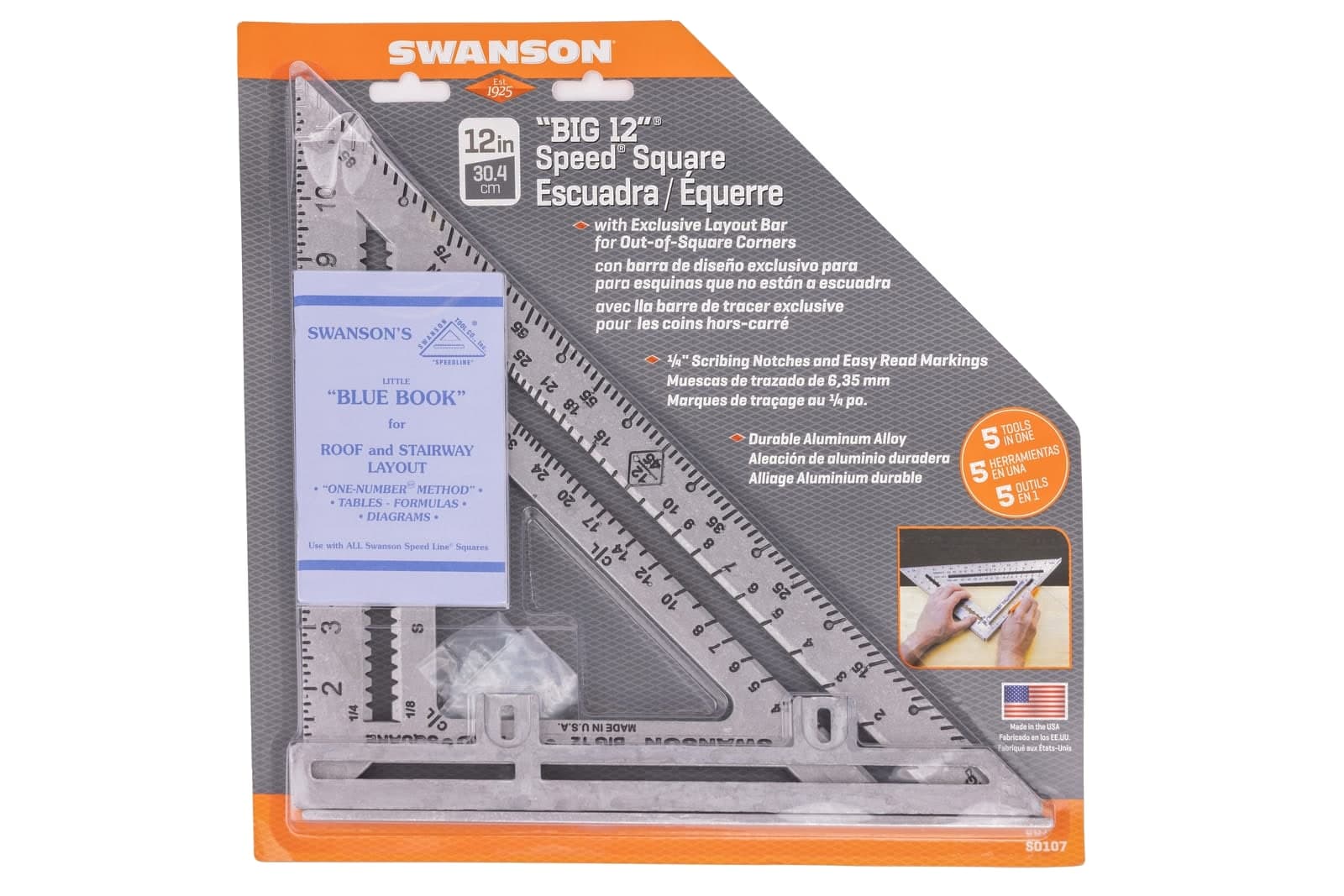 The Swanson Big 12® Speed® Square in retail packaging with the included Swanson Blue Book and Layout Bar.