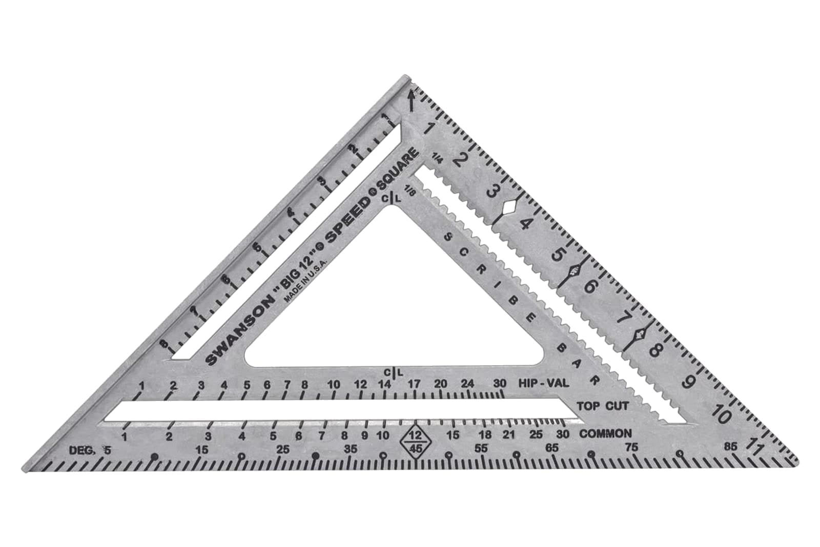 A Swanson Big 12® Speed® Square photographed on white showing the 12-inch layout reach, scribe bar, and Diamond™ cutout.
