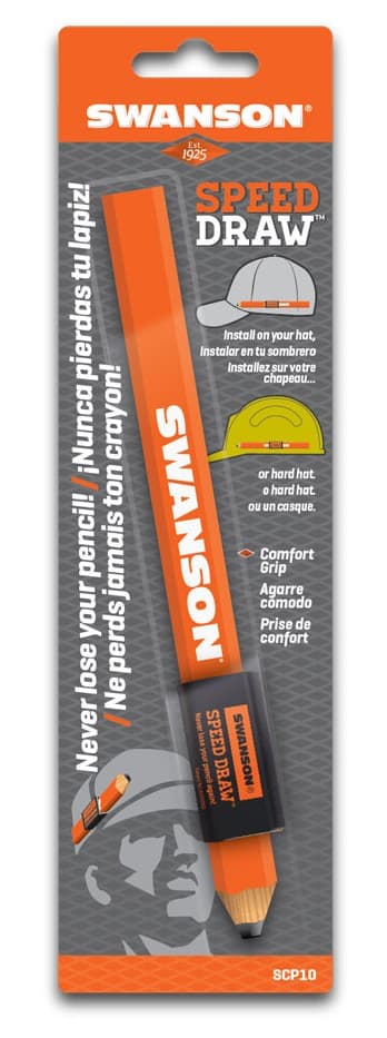 Retail card packaging for the Swanson Speed Draw™ pencil holder showing the carpenter pencil + caddy assembly and install diagrams on both a baseball cap and a hard hat.