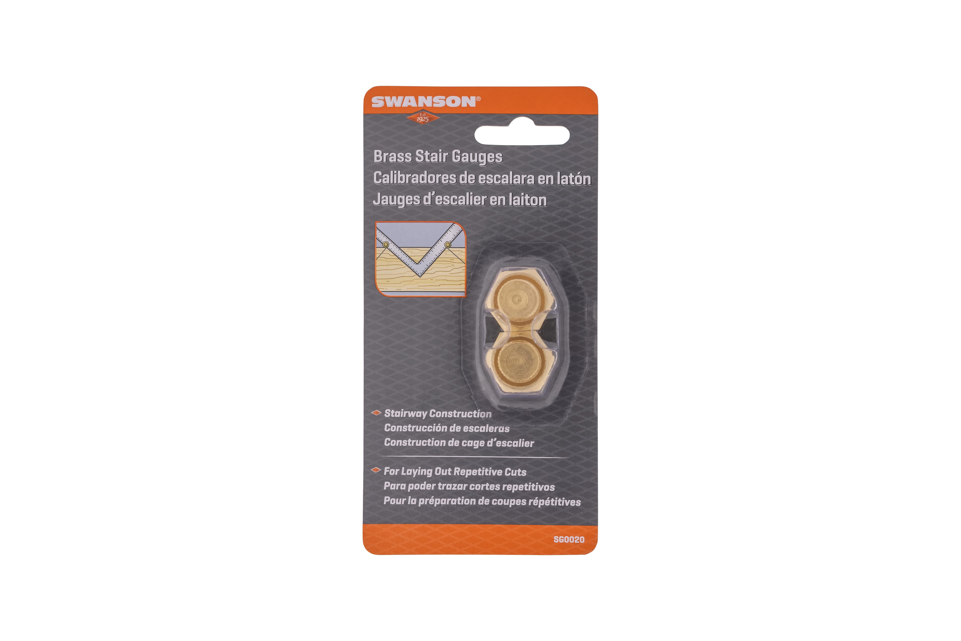 Retail card packaging for the Swanson Stair Gauges 2-pack showing both brass gauges held to the card with the SWANSON brand strip across the top.