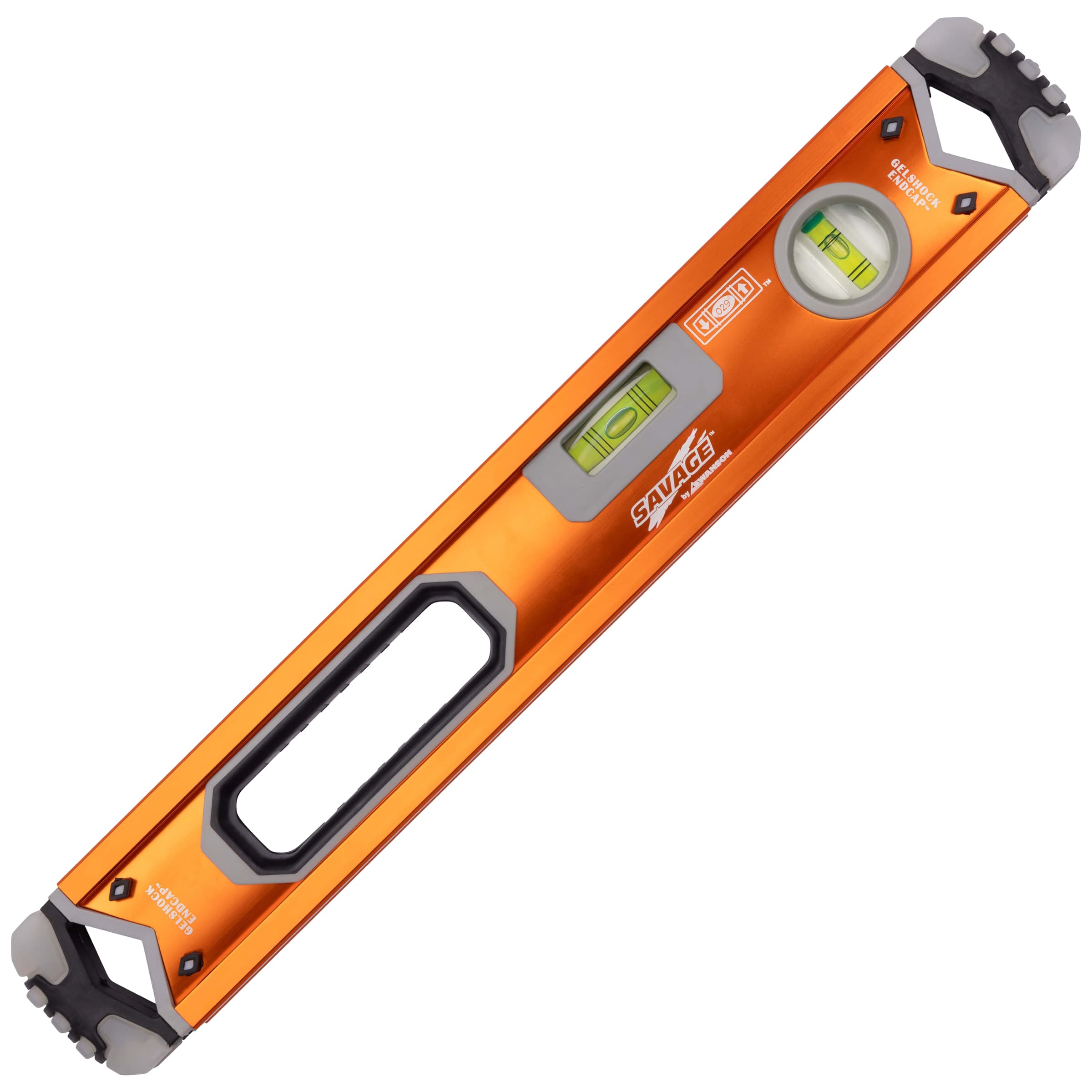 Studio shot of the Swanson SVB180 18 in. SAVAGE® Box Beam Level, anodized orange aluminum box-beam frame with white Super Shock™ end caps, hand-grip cutout, and two vials.