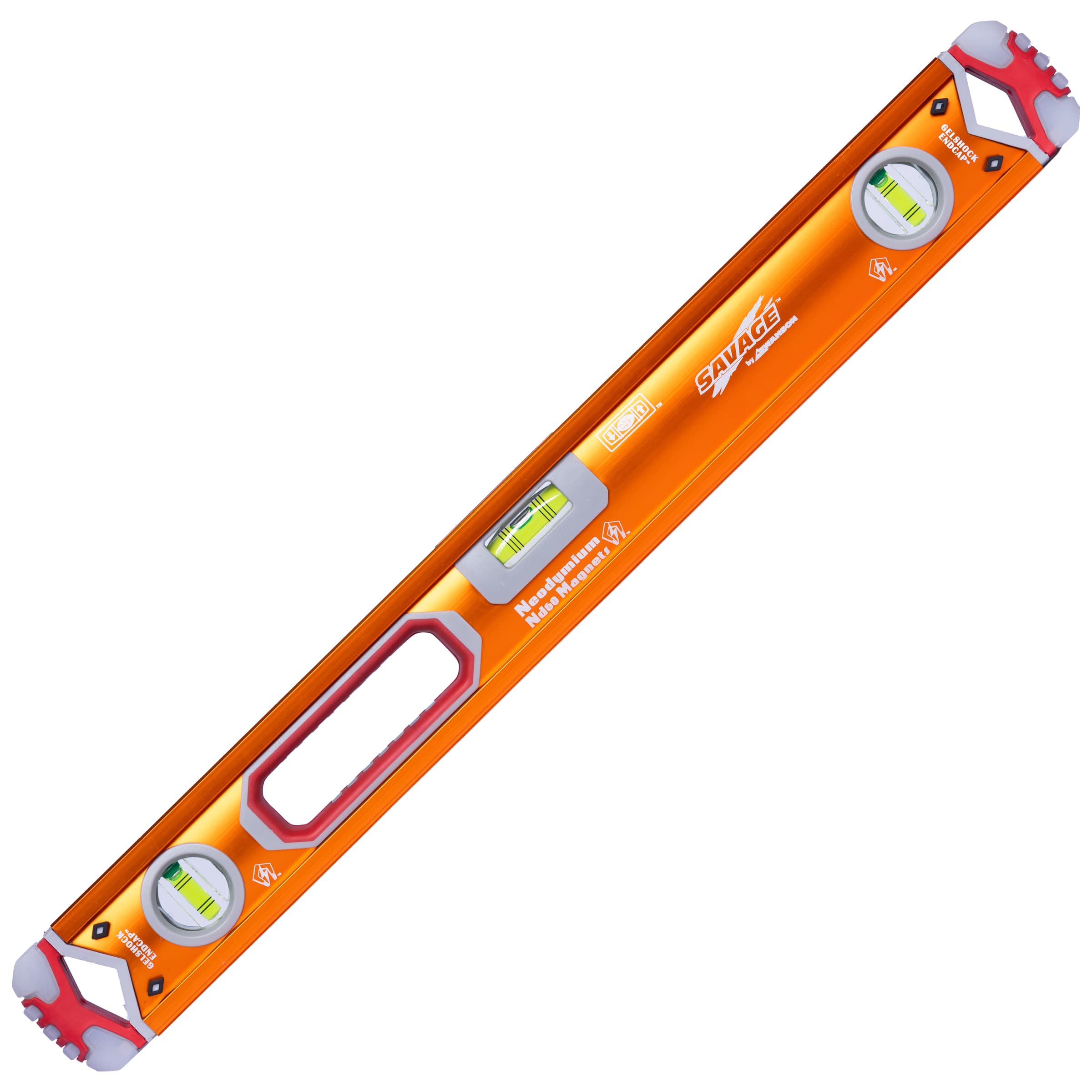 Studio shot of the Swanson SVB24M 24 in. SAVAGE® Magnetic Box Beam Level, anodized orange aluminum box-beam frame with neodymium magnet strip along the bottom edge.