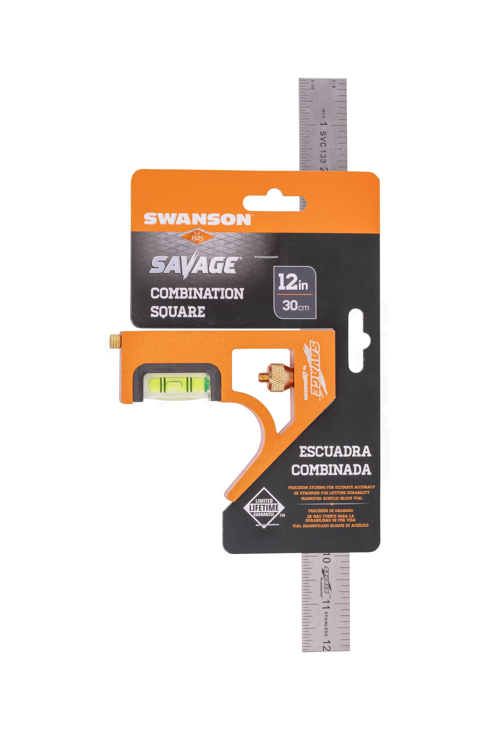 SVC133 SAVAGE Combination Square retail packaging showing the precision-etching and 2X-stronger callouts.