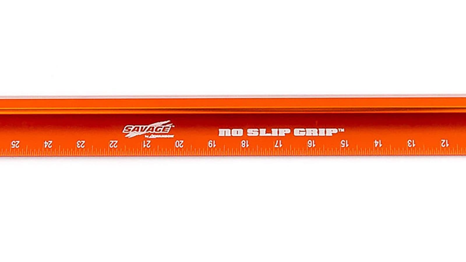 Close-up of the SAVAGE® by SWANSON brand stamp and NO SLIP GRIP™ marking on the side of the anodized orange aluminum bar with laser-etched scale numbers.