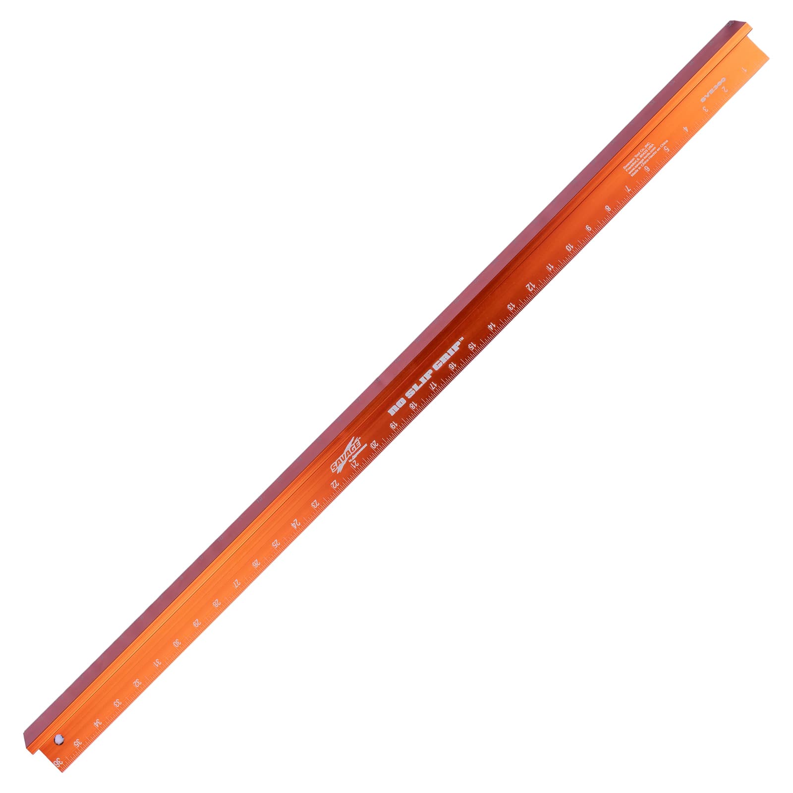 Diagonal hero of the SAVAGE 36 in. No Slip Straight Edge in anodized orange aluminum on white, NO SLIP GRIP™ print and laser-etched scale visible.
