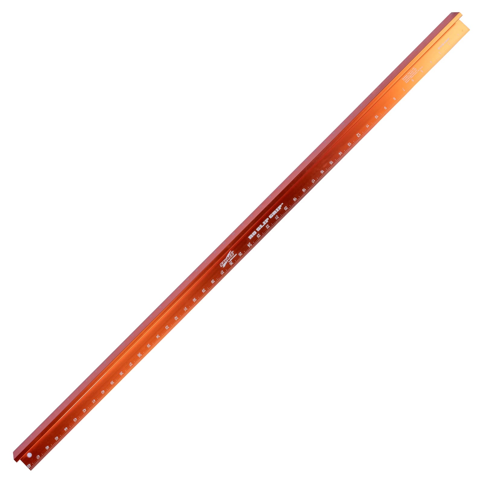 Diagonal hero of the SAVAGE 48 in. No Slip Straight Edge in anodized orange aluminum on white.