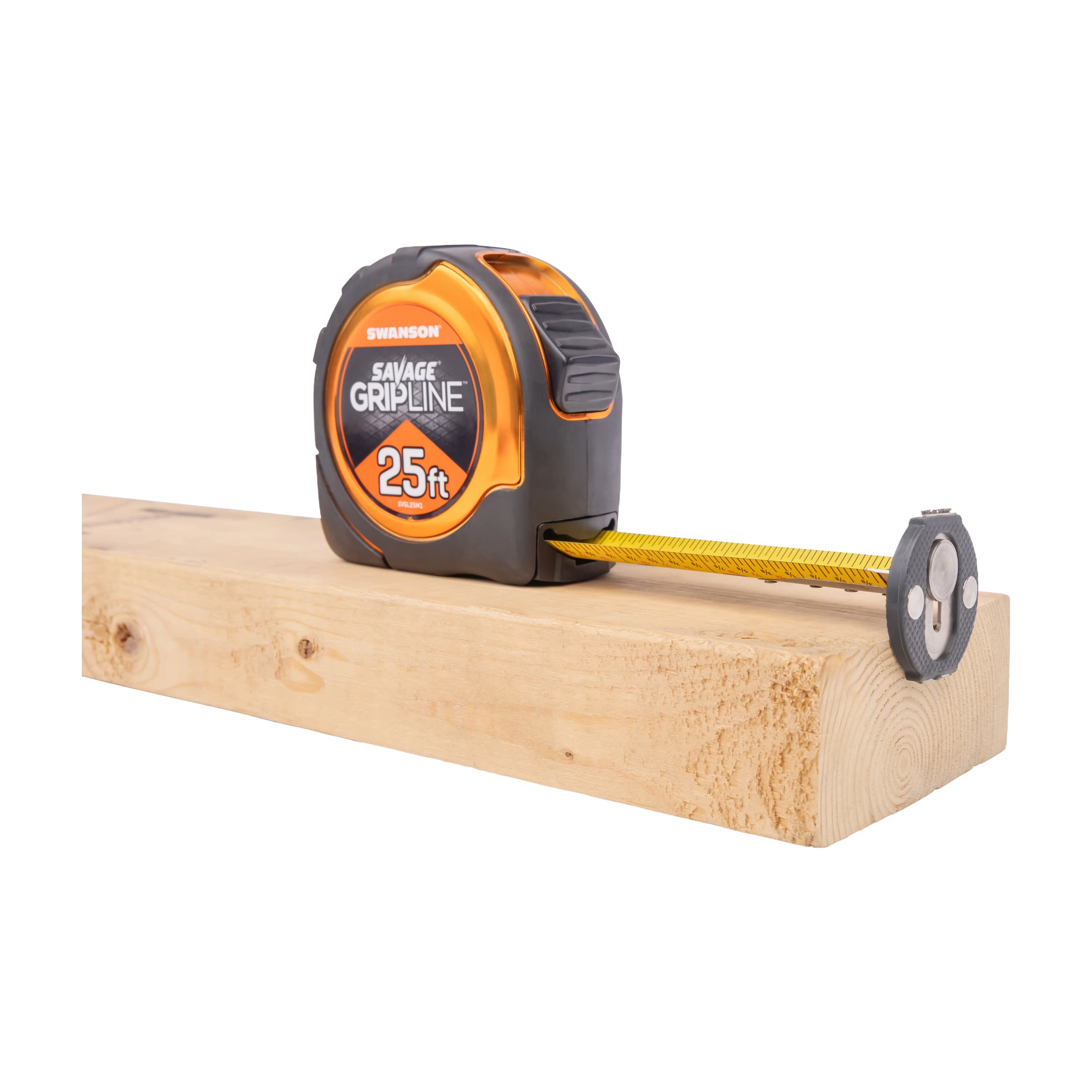 Angled shot of the SAVAGE® GripLine® tape measure with its rotating disc engaging round stock on framing lumber.
