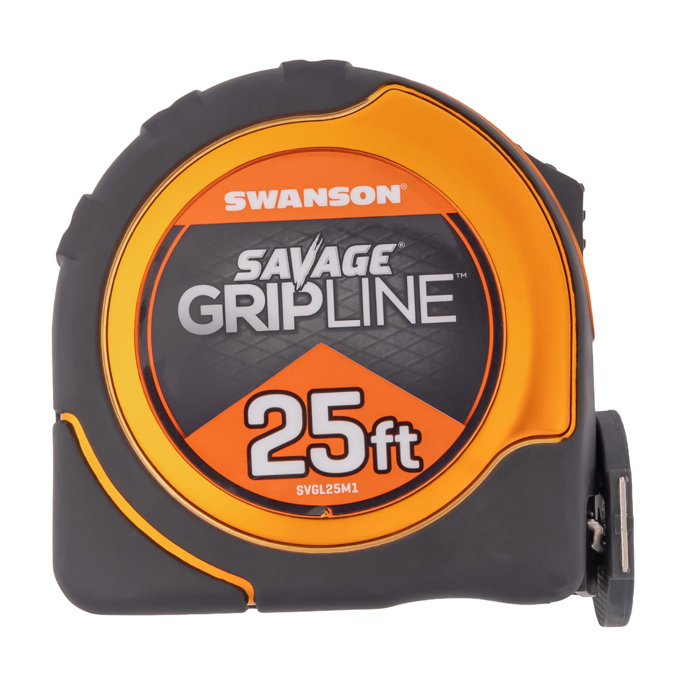 Studio shot of the Swanson SAVAGE® GripLine™ 25 ft. tape measure, black-and-orange composite body with rotating tip and magnetic end hook.