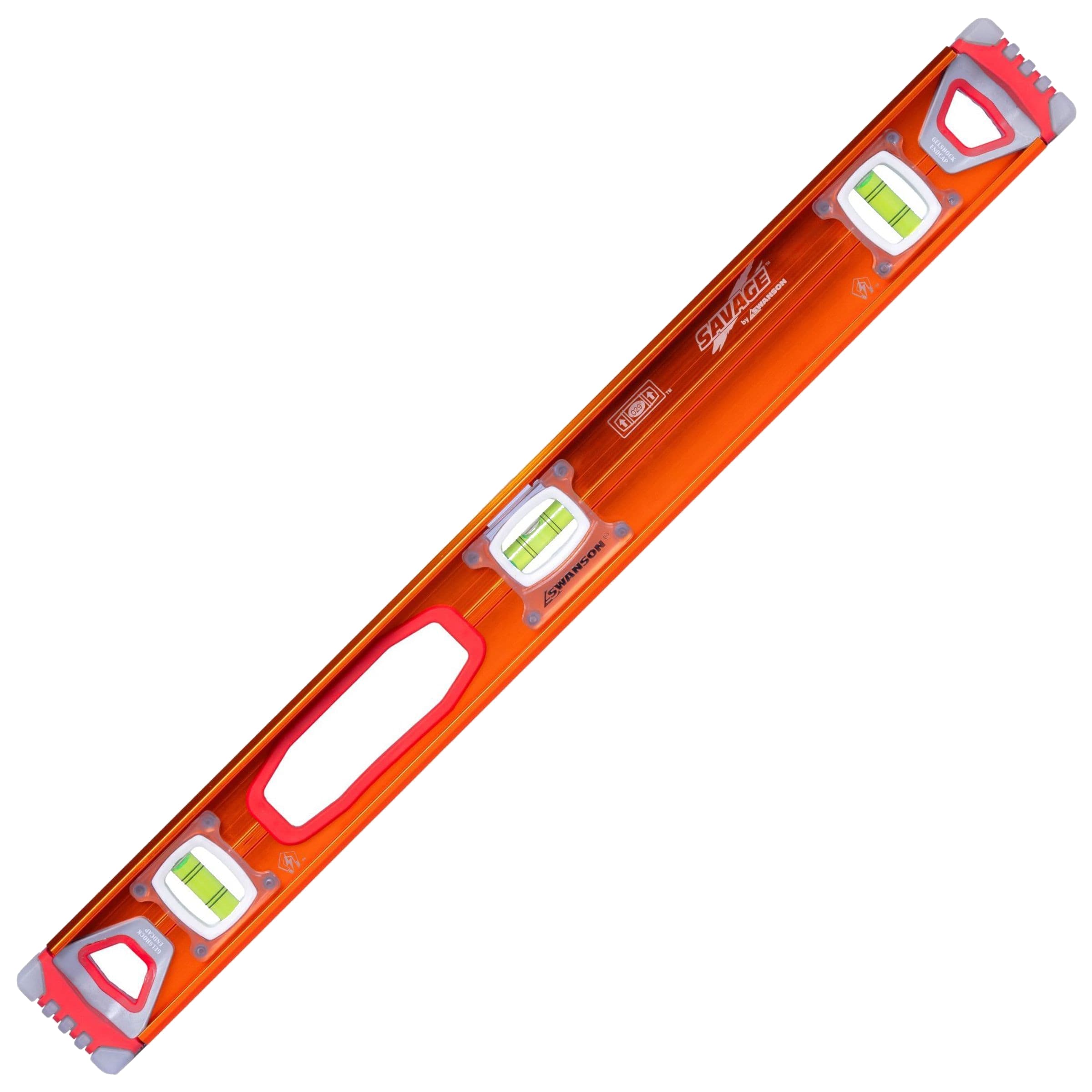 Studio shot of the Swanson SVI24M 24 in. SAVAGE® Magnetic I-Beam Level, anodized orange aluminum I-shape extrusion with white Gel Shock™ end caps and full-length strip magnet along the bottom edge.