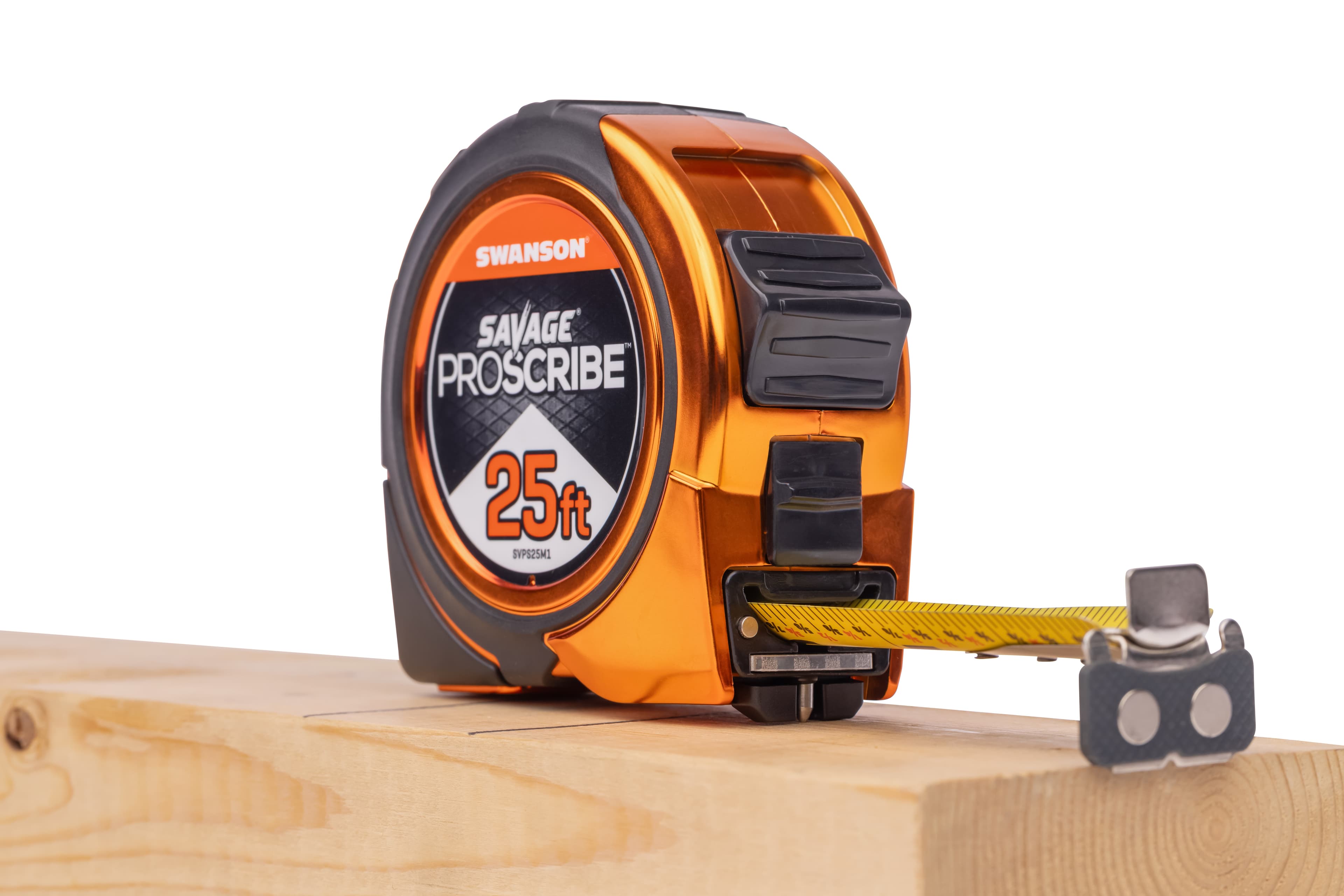 Angled shot of the SAVAGE® ProScribe® with the magnetic tip latched onto a steel bracket on framing lumber.