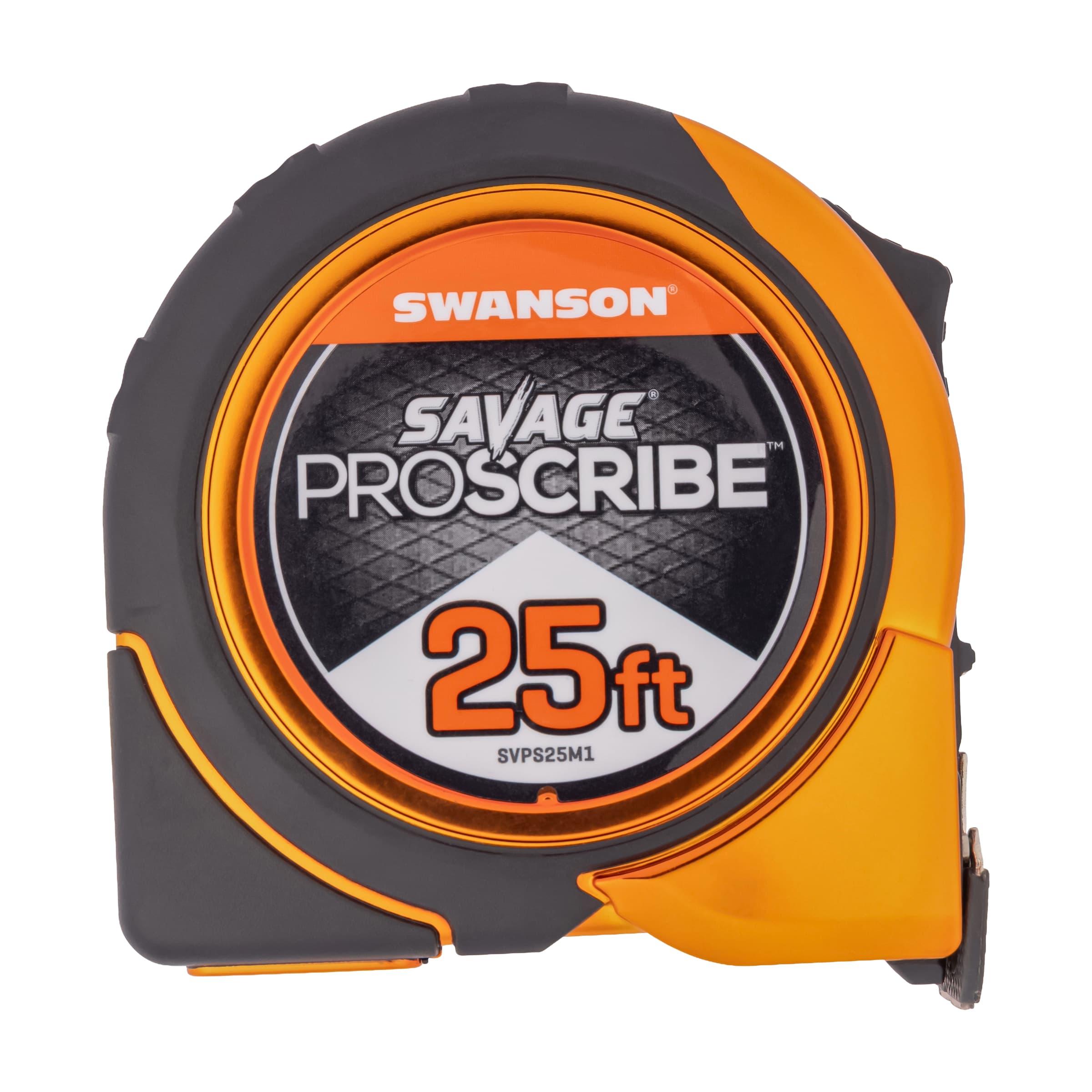 Studio shot of the Swanson SAVAGE® ProScribe™ 25 ft. tape measure, black-and-orange composite body with magnetic tip and built-in scribe.