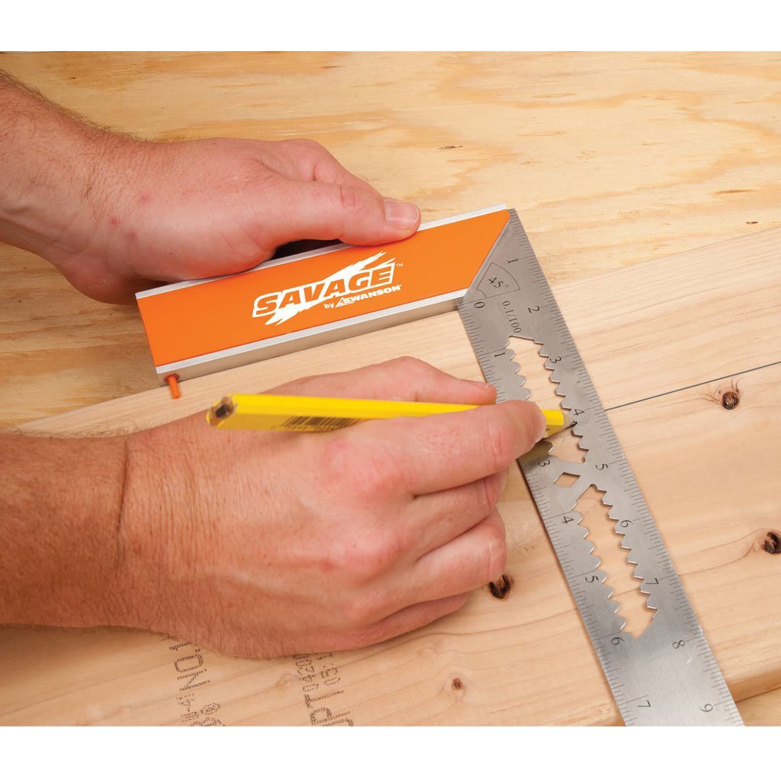 A woodworker using the Swanson SVR149 to mark a layout on a piece of stock at the bench.