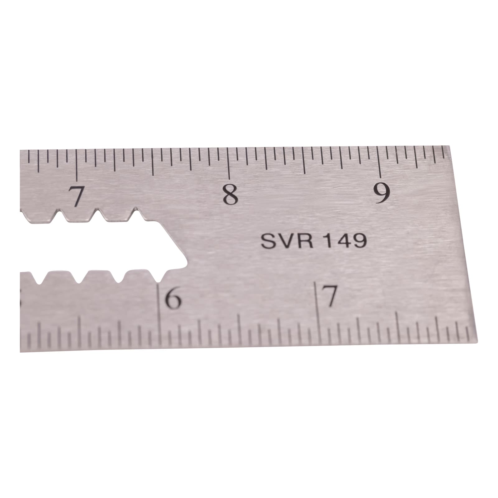 Macro close-up of the SVR149 etched stainless blade tip showing the scribe-bar cutout and the SVR149 stamp.