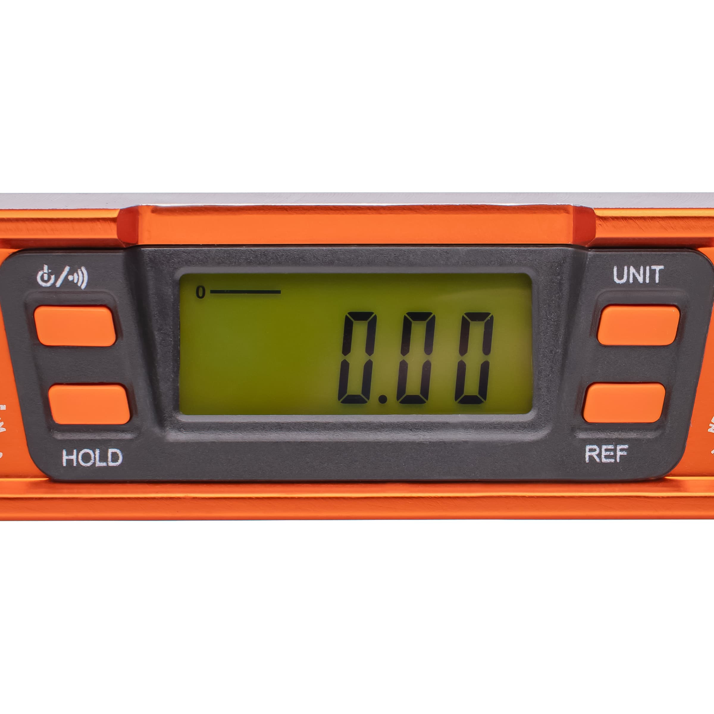 Close-up of the SVT200 LCD readout reading 0.00 with HOLD, REF, and UNIT buttons + the power/audio icon.