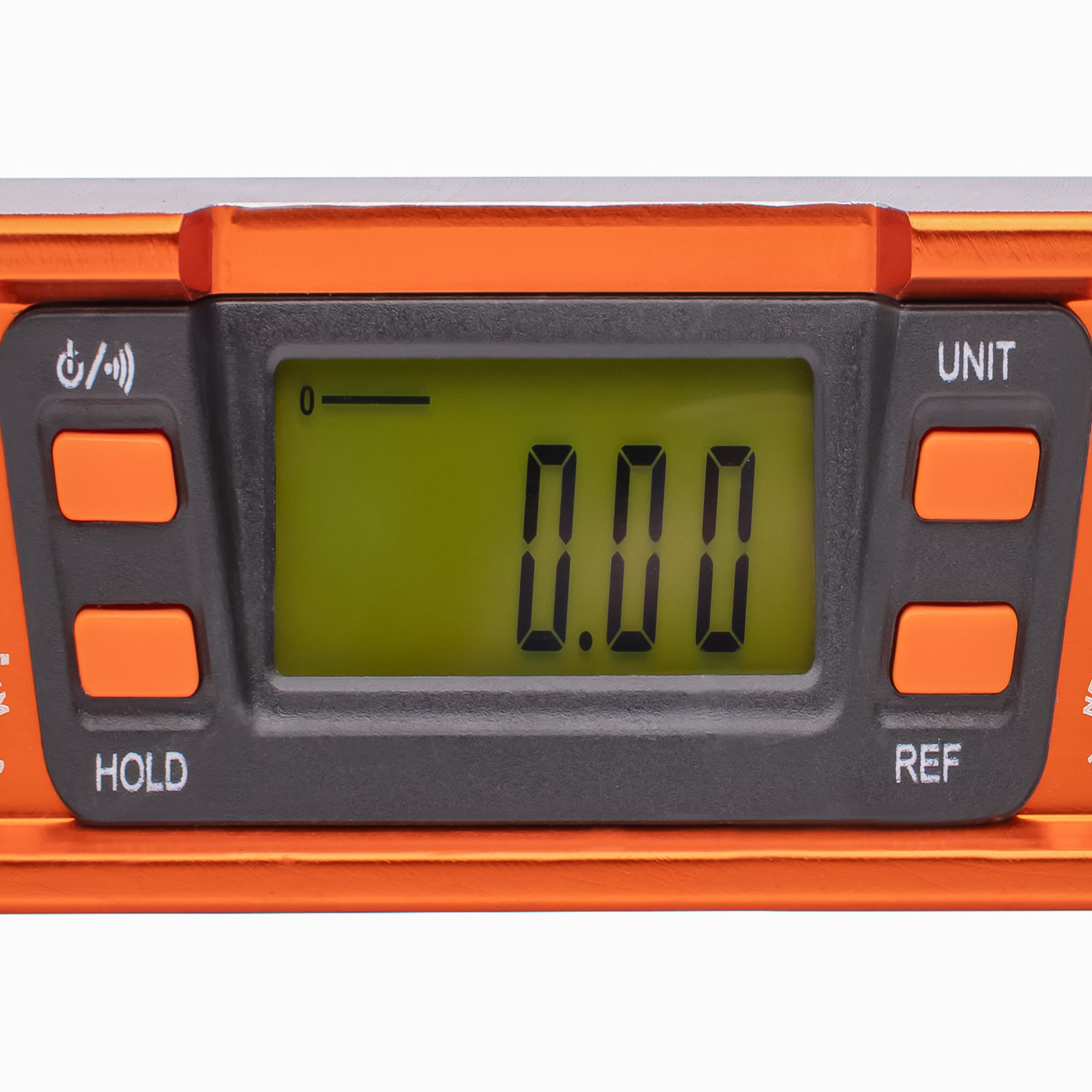 Close-up of the SVT200 LCD readout reading 0.00 with HOLD, REF, and UNIT buttons + the power/audio icon.