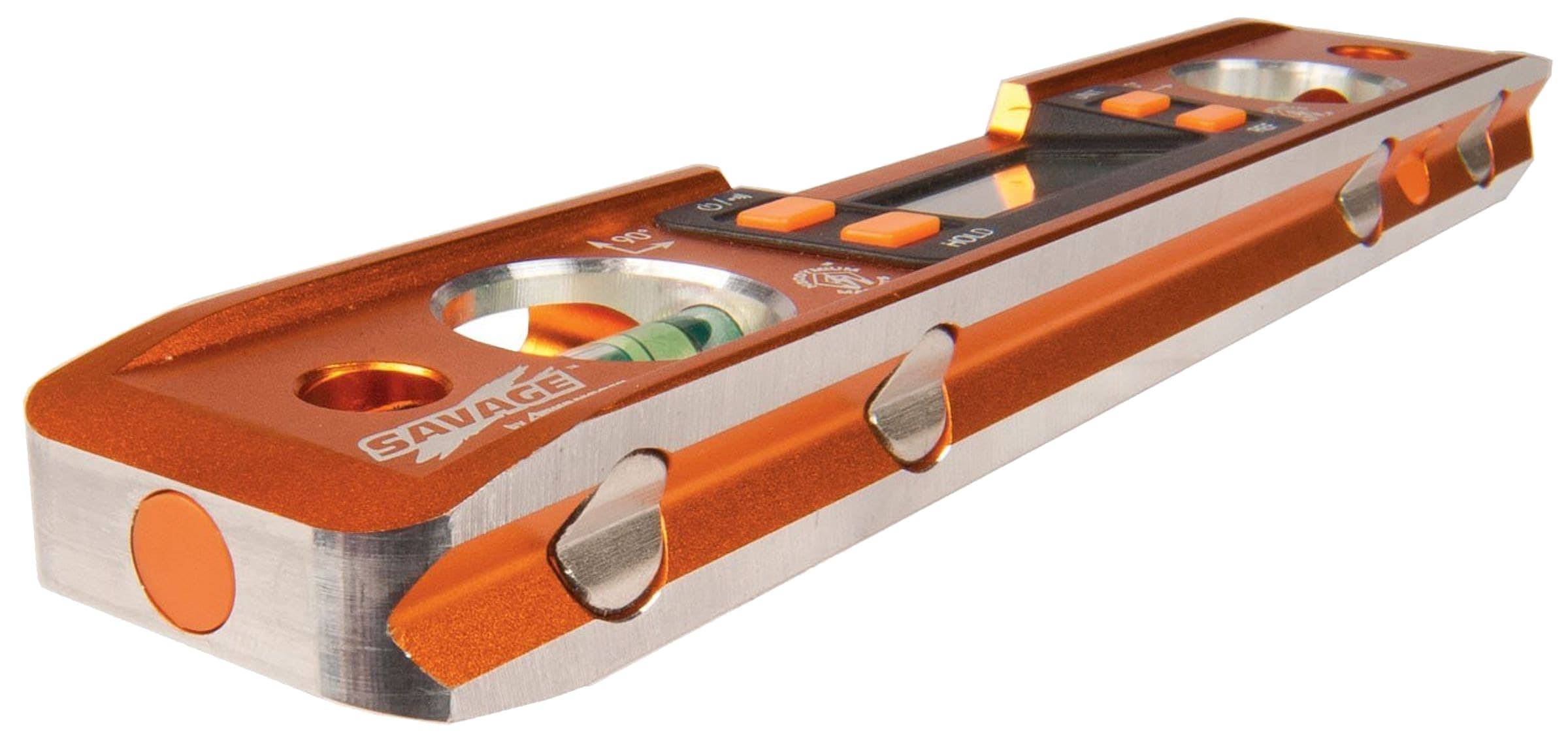 Top-down view of the SVT200 body showing the 0° vial, LCD readout, 90° vial, and the four neodymium magnet positions across the V-grooved base edge.