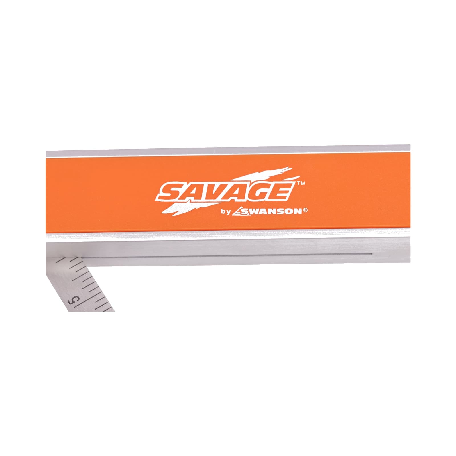 Macro close-up of the SAVAGE® by Swanson branding on the orange anodized handle insert.