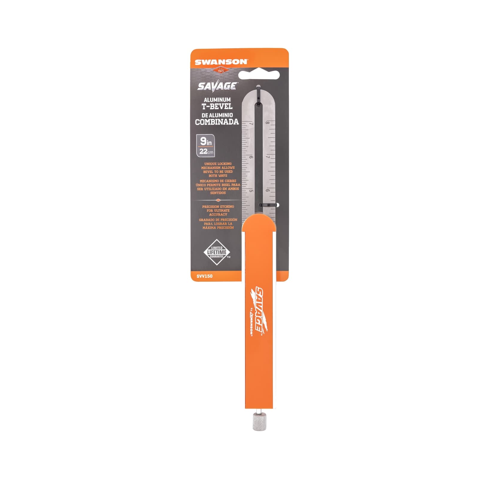 SVV150 SAVAGE® T-Bevel retail packaging card with the unique-locking-mechanism and precision-etching feature callouts printed inline.