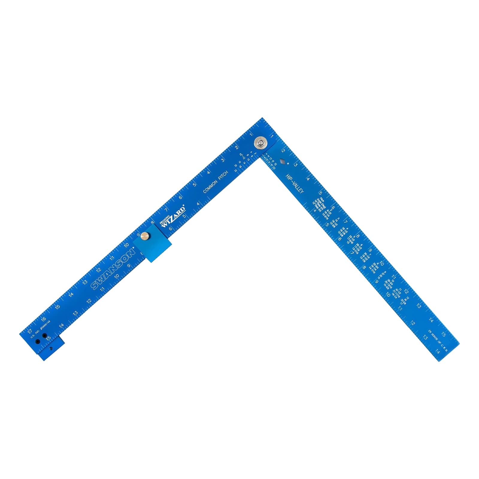 Studio shot of the Framing Wizard® fully unfolded, showing the full framing-square layout with the hinge locked at 90°.
