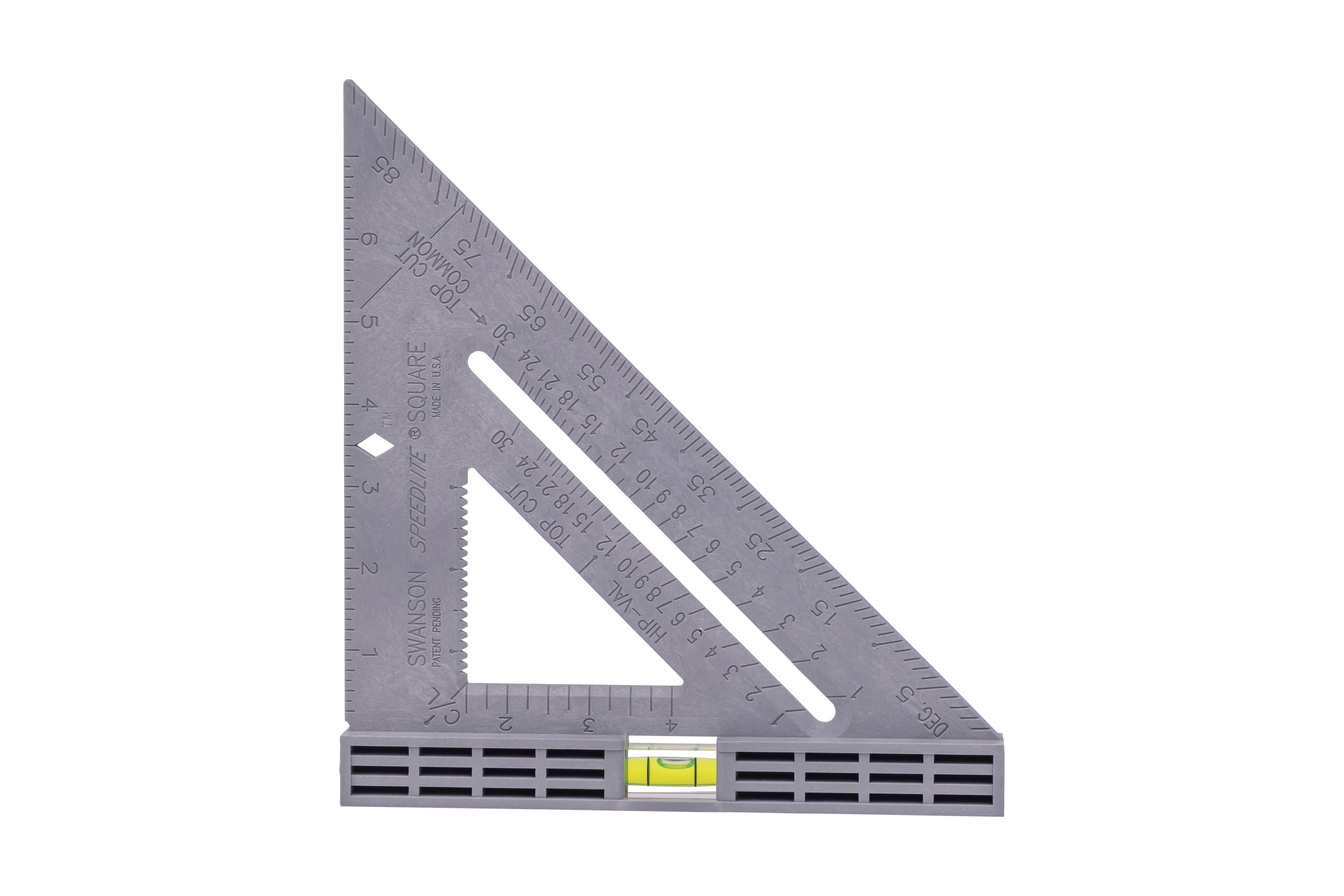 Three-quarter view of a Swanson Speedlite® Level Square showing the Diamond™ cutout and protractor scale.