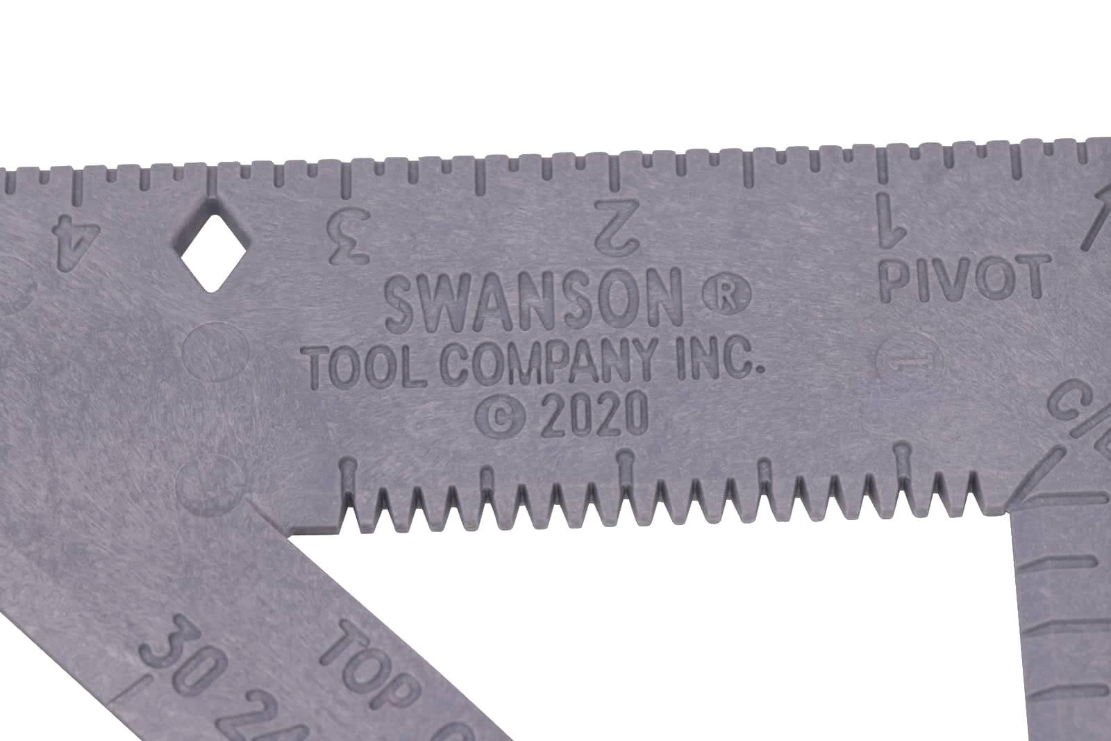 Close-up of the saw-guide notch pattern on the back of a Swanson Speedlite® Level Square.