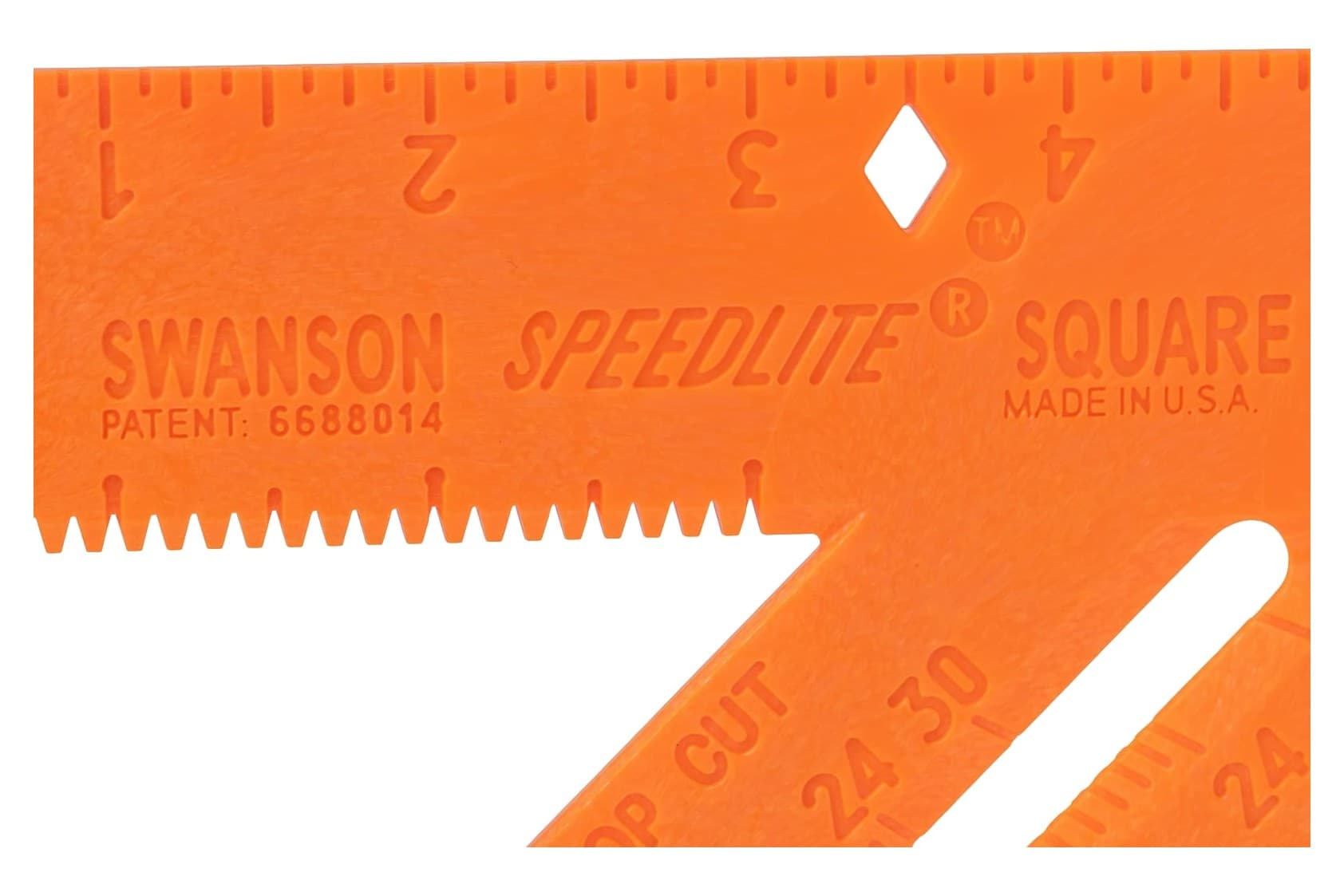 Close-up of the Diamond™ cutout and protractor scale on a Swanson Speedlite® Square.